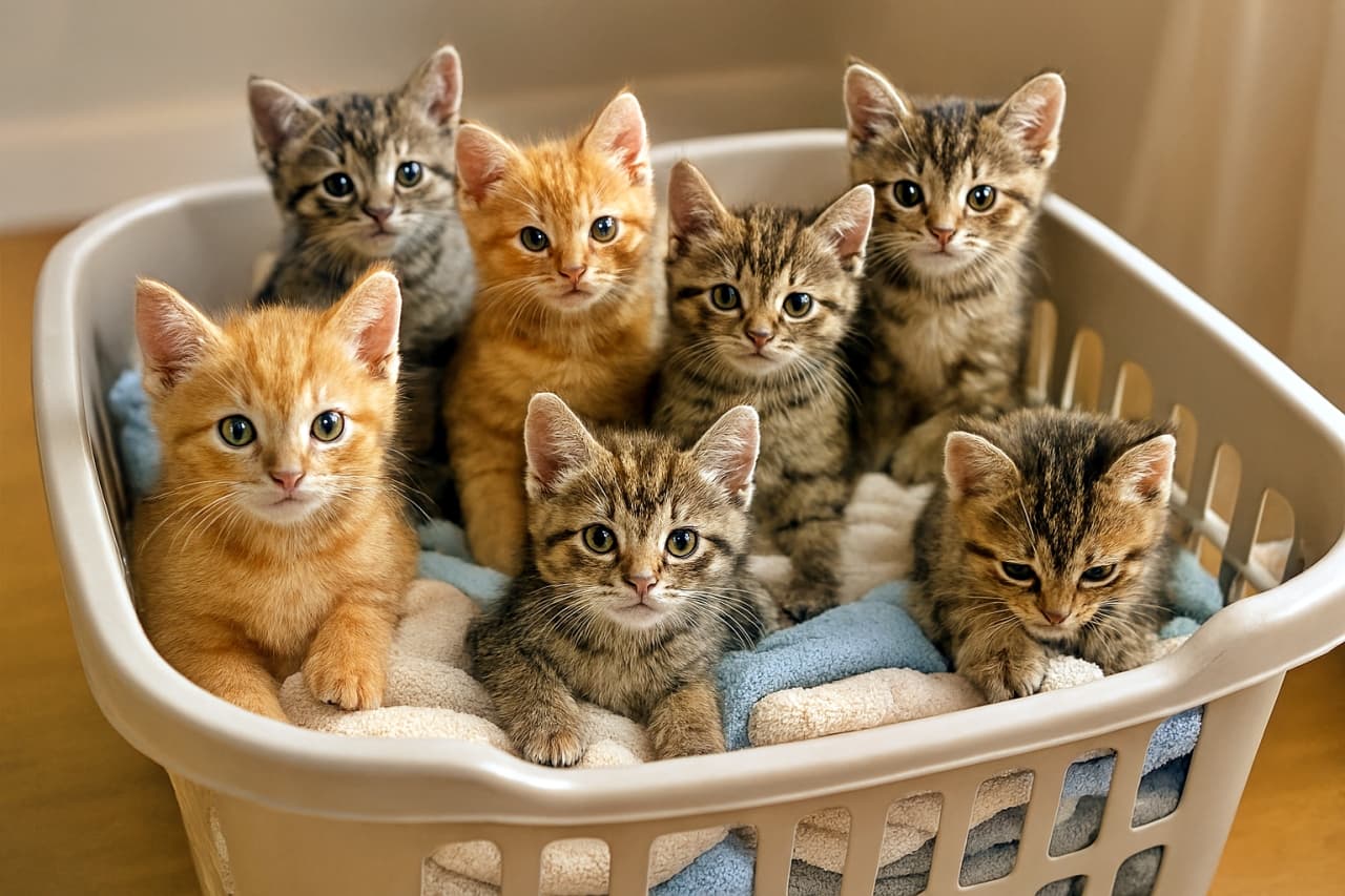 Eight playful kittens nestled in a cozy laundry basket filled with soft towels, bathed in warm daylight. ふわふわタオルに包まれた洗濯かごの中で、八匹の子猫が穏やかに遊ぶ、陽だまりのフォト