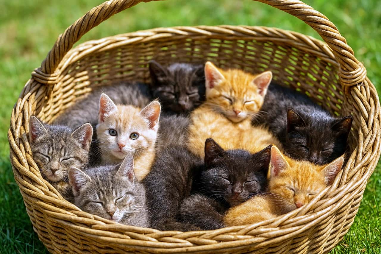 A group of nine kittens sleeping closely together in a large wicker basket on green grass, with some peeking their heads out and others resting peacefully in warm sunlight. 緑の芝生の上に置かれた大きな籐のバスケットの中で、9匹の子猫が寄り添って眠っている。数匹は顔を覗かせ、他の子猫は穏やかな日差しの中で静かに休んでいる