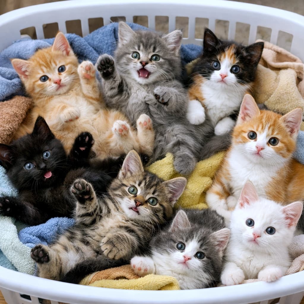 「洗濯かごは子猫の天国！8匹の仲良しニャンコがタオルに埋もれて大はしゃぎ中！😍🐾」A detailed photograph of eight distinct domestic kittens of varying coat colors (including orange tabby, gray tabby, black, calico, orange and white, brown tabby, grey and white, and white) nestled together inside a white plastic laundry basket filled with blue, yellow, and beige towels. Most of the kittens are lying on their backs with their paws raised playfully towards the viewer, with a few kittens having open mouths as if mid-meow or play. The scene is illuminated by soft natural daylight, showing a slightly messy but cozy interaction with minimal overlap between the kittens' faces. 青、黄色、ベージュのタオルや衣類が敷き詰められた白いプラスチック製の洗濯かごの中に、仲良く身を寄せ合う、さまざまな柄（茶トラ、サバトラ、黒、三毛、茶白、キジトラ、サバ白、白）の8匹の子猫たちの詳細な写真。ほとんどの子猫が仰向けになり、前足を上げて遊んでいるか、挨拶しているようなポーズをとっており、中には口を開けて鳴いたり、遊んだりしているような表情の子もいます。柔らかい自然光に照らされた、少し乱雑だが居心地の良い、子猫同士の重なりが最小限に抑えられた構図です