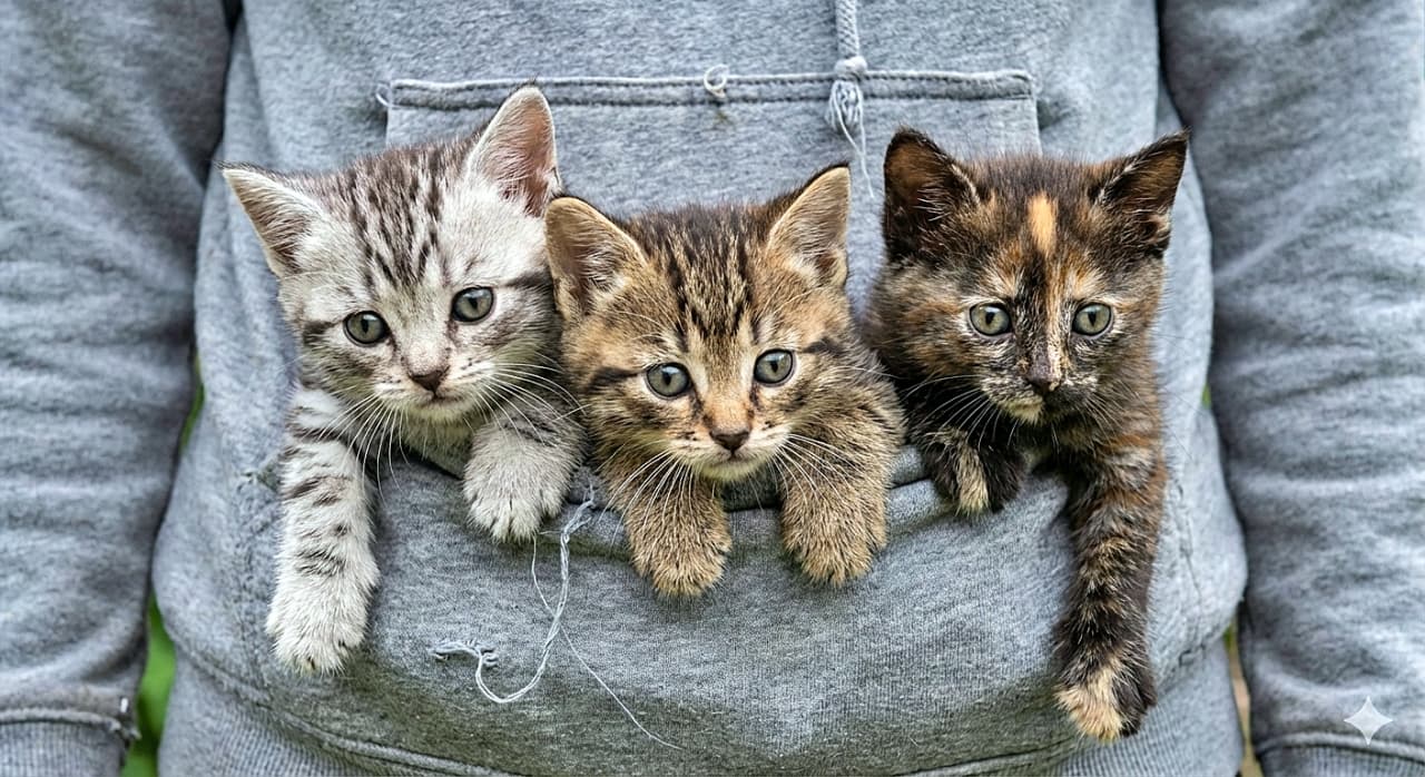 「「重いなぁ」と思ったらポケットが子猫で満員御礼！ギュウギュウ詰めの3匹とお散歩へGo♡」Close-up of three 6-week-old American Shorthair kittens squeezing out of a grey hoodie pocket. From left to right: a silver tabby, a brown tabby, and a tortoiseshell kitten, all looking curiously at the camera with their paws hanging over the edge. グレーのパーカーのポケットから顔と前足を出している3匹のアメリカンショートヘアの子猫たち。左からサバトラ、キジトラ、サビ猫がぎゅうぎゅうに並んでこちらを見つめているクローズアップ写真