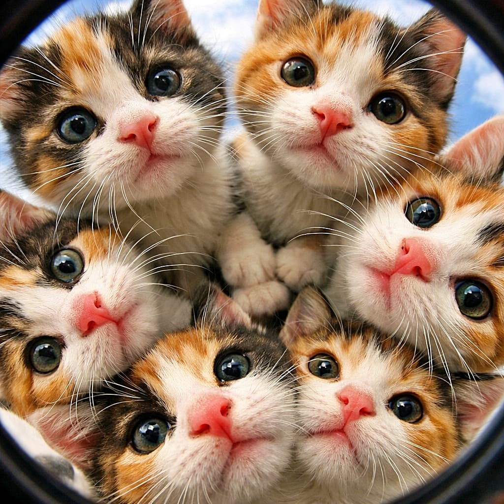 「なにこれ!? レンズの向こうに集まった三毛団子。鼻先とひげの大接近会議中🐾」Six-week-old calico kittens forming a circle, peering down into the camera with a fisheye lens, their pink noses and whiskers filling the frame. 魚眼レンズで下をのぞき込む、生後6週の三毛猫の子猫たちが円になって並び、鼻とひげがアップで写っている