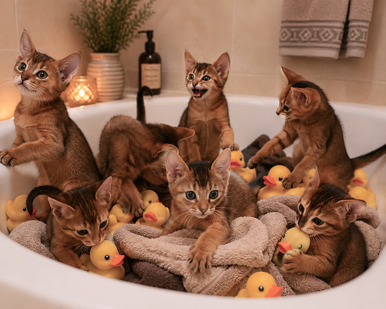「お風呂場が遊園地に!?🐤🛁 アヒルさんと格闘するアビシニアンの子猫たちが元気いっぱいすぎる😆💖」Ultra-realistic high-quality photograph of six energetic Abyssinian kittens playing in a bathtub. They have striking large ears and beautiful ruddy ticked coats. Surrounded by numerous yellow rubber ducks and soft towels under the warm glow of candlelight, their playful expressions and dynamic poses bring the lively scene to life. キャンドルの優しい光に照らされたバスタブの中で無邪気に遊ぶ、6匹のアビシニアンの子猫たち。特徴的な大きな耳と、美しいルディ(赤褐色)のティッキング(一本の毛に複数の帯状の模様)を持つ被毛が詳細に描写されています。たくさんの黄色いラバーダック(アヒルのおもちゃ)に噛み付いたり、タオルに埋もれたりと、エネルギッシュで好奇心に満ちた表情と躍動感あふれるポーズが見事に捉えられた一枚です