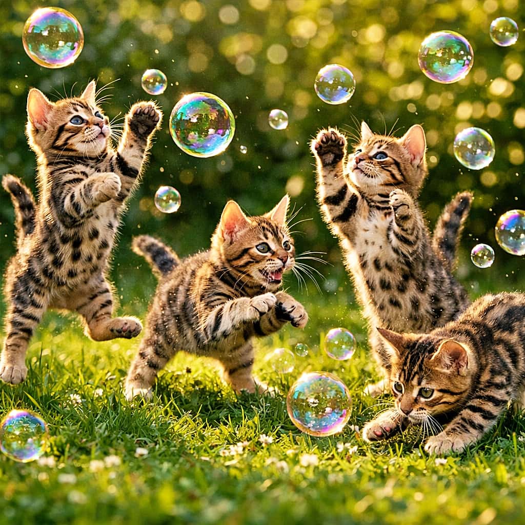 「シャボン玉を追いかけて大ジャンプ！子猫たちのキラキラ大冒険🐾」Five 8-week-old Bengal kittens jumping and chasing shimmering soap bubbles in a sunny grassy garden, playful and energetic scene. 日差しの差し込む芝生の庭で、きらめくシャボン玉を追いかけて跳ね回る生後8週のベンガル子猫5匹の元気な様子