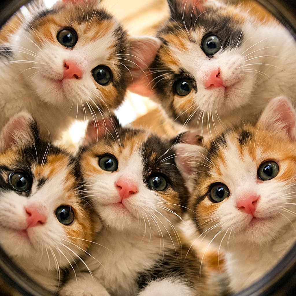「なに撮ってるの？三毛ねこベビー5匹がカメラに集合、好奇心まんまる大接近📸🐾」Five six-week-old calico kittens forming a tight circle around the camera, peering curiously into the lens with a subtle fisheye effect, round pink noses and soft whiskers close to the camera, warm natural light. 5週齢の三毛猫の子猫5匹が円になってカメラを囲み、魚眼効果で強調された丸いピンクの鼻とひげを近くに、興味深そうに覗き込んでいる様子