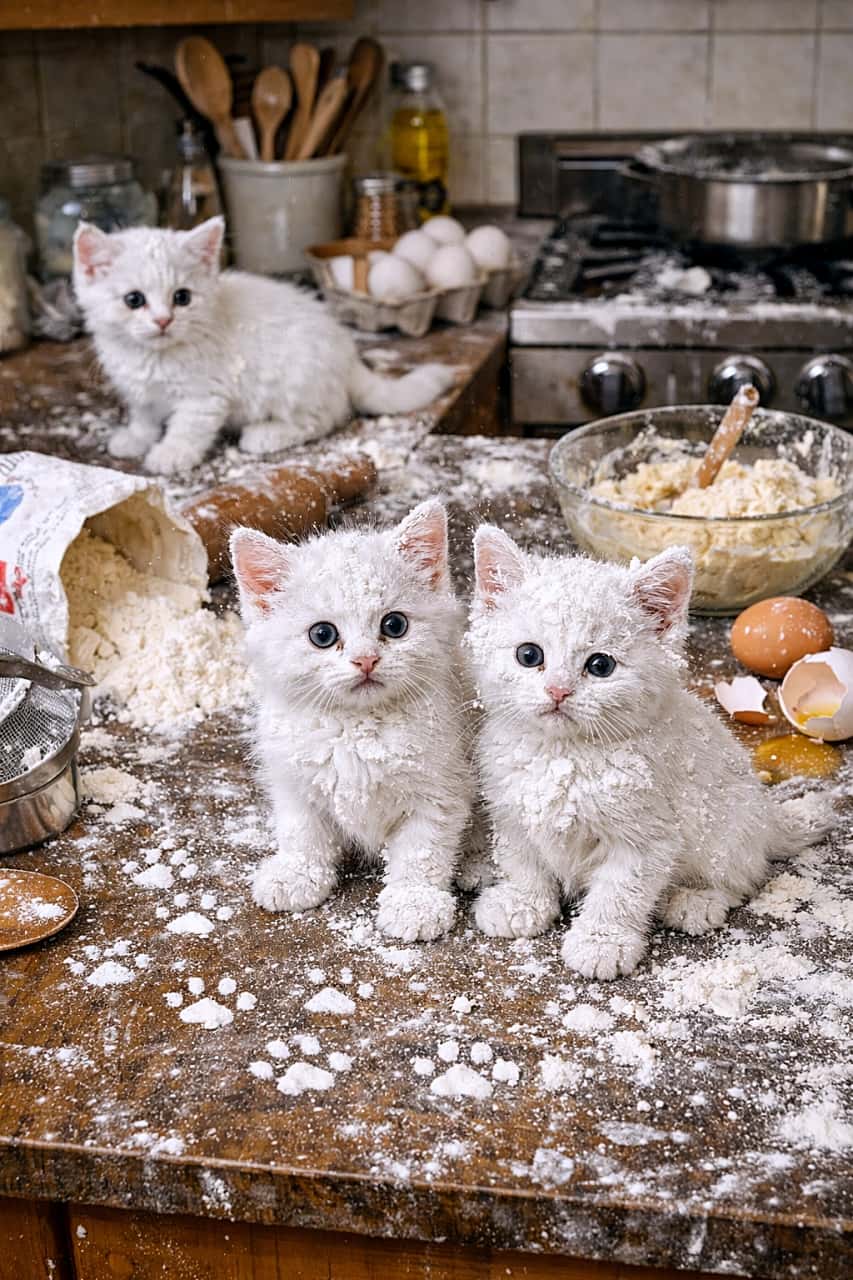 「誰がやったの？と聞いた瞬間、この顔。粉まみれでも無罪主張な白子猫たち🐾」White 9-week-old kittens covered in flour sitting on a messy kitchen counter, with paw prints, spilled ingredients, and guilty expressions. 小麦粉だらけのキッチンで、粉まみれになった生後9週の白い子猫たちが、罪悪感のある表情でカウンターに座っている様子