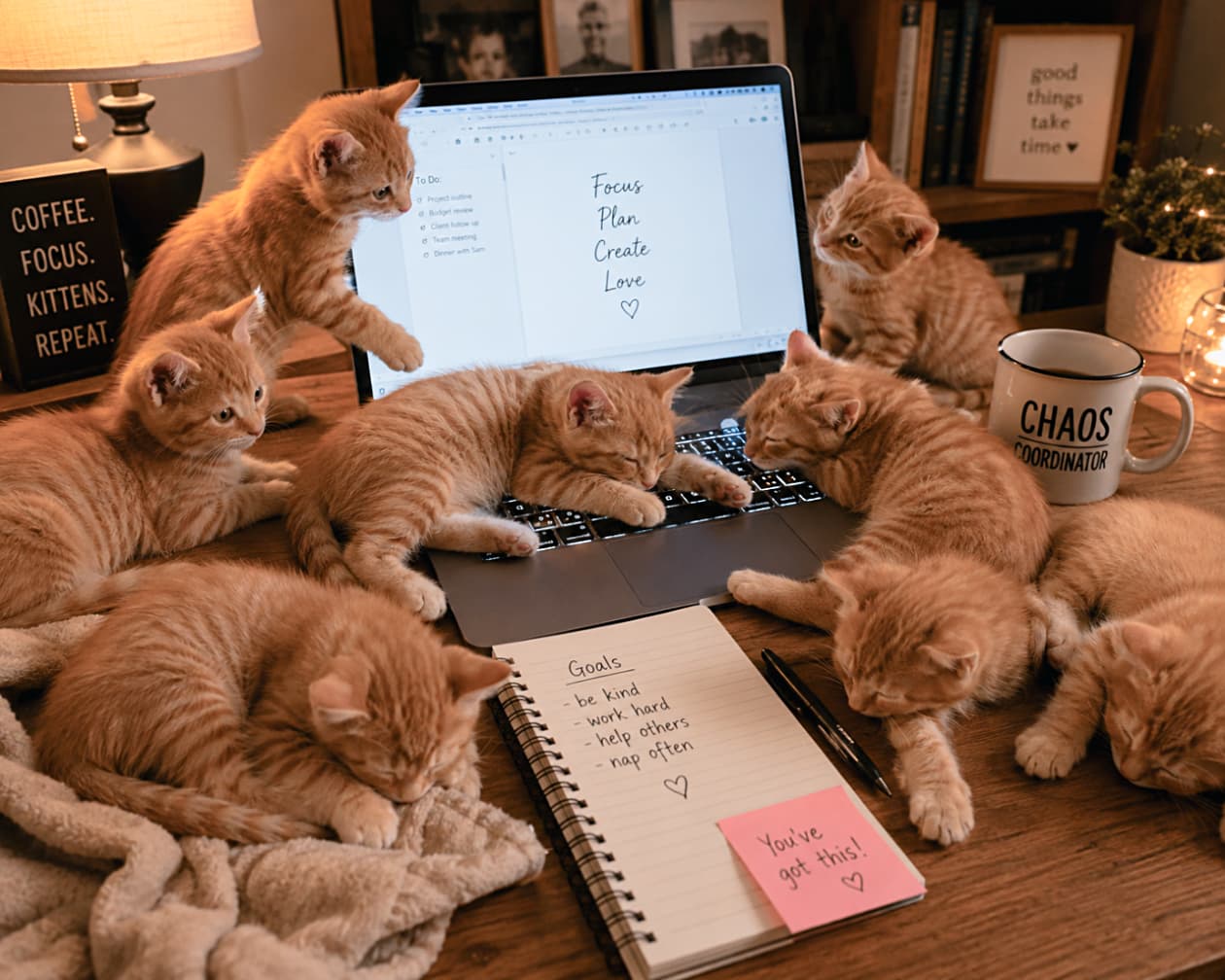 「今日の目標は「たくさんお昼寝すること」にゃ🐾🌙 デスクの上の小さな癒やしたちとお仕事中☕️」Ultra-realistic high-quality photograph of six fluffy ginger kittens playing and sleeping on a warm, well-lit desk. The laptop screen displays "Focus Plan Create Love", and a notebook in the foreground lists wholesome goals. The realistic texture of their ginger coats and the cozy amber lighting perfectly illustrate a blend of productivity and pet companionship. 琥珀色の柔らかな照明に包まれた夜のデスクに集まる6匹の茶トラ子猫。ノートパソコンの画面には「Focus Plan Create Love」の文字が光り、手前のノートには「Goals: be kind, work hard, help others, nap often」と書かれています。キーボードを枕にして眠る子猫の柔らかそうな被毛の質感や、画面に前足を伸ばす元気な子猫の姿が、仕事と癒しが共存する温かな空間を完璧に表現しています