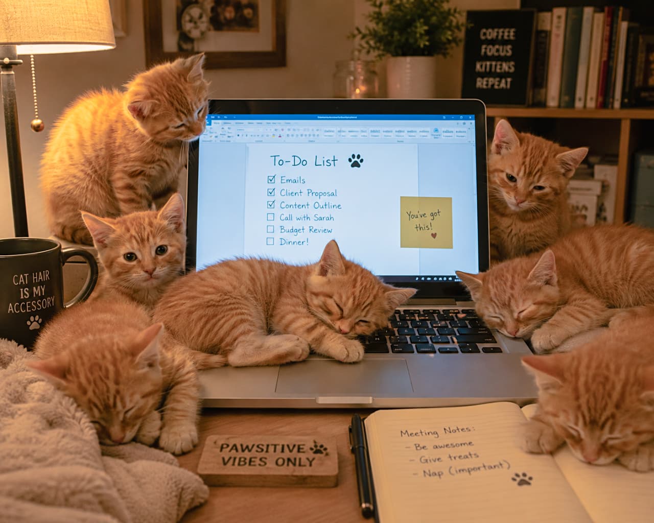 「ミーティングの議事録は「おやつをあげること」!?📝🐈 仕事の疲れも吹き飛ぶ茶トラ天国💻💕」Ultra-realistic high-quality photograph of a cozy nighttime desk scene featuring six ginger kittens. The kittens are peacefully sleeping and playing around a laptop displaying a "To-Do List". Detailed props like a notebook with humorous meeting notes and a mug reading "CAT HAIR IS MY ACCESSORY" perfectly capture the cinematic and relatable reality of a cat lover's working life. 夜の静かなお部屋で、仕事用デスクを占拠する6匹の茶トラ子猫たち。ノートパソコンには「To-Do List」が表示されていますが、手前のキーボードの上では子猫が安心しきった表情で眠っています。手書きの「Meeting Notes: Be awesome, Give treats, Nap」というメモ帳や、「CAT HAIR IS MY ACCESSORY」と書かれたマグカップなど、細部のプロップ(小物)まで緻密に作り込まれ、猫好きのリアルな日常を切り取ったシネマティックな一枚