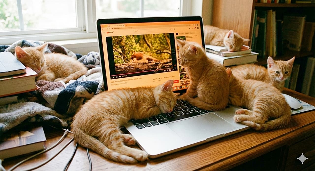 「パソコン作業はおあずけ？💻 キーボードを占拠して爆睡する茶トラちゃんたちが可愛すぎて許す！💕」A warm scene of several ginger tabby kittens surrounding a glowing laptop on a wooden desk. One kitten sleeps directly on the keyboard, while others rest nearby among books and blankets in a cozy home office. 居心地の良いホームオフィスの木製デスクで、点灯したノートパソコンの周りに集まる茶トラの子猫たち。1匹がキーボードの上で熟睡し、他の子猫も本や毛布に囲まれて休んでいる暖かい光景