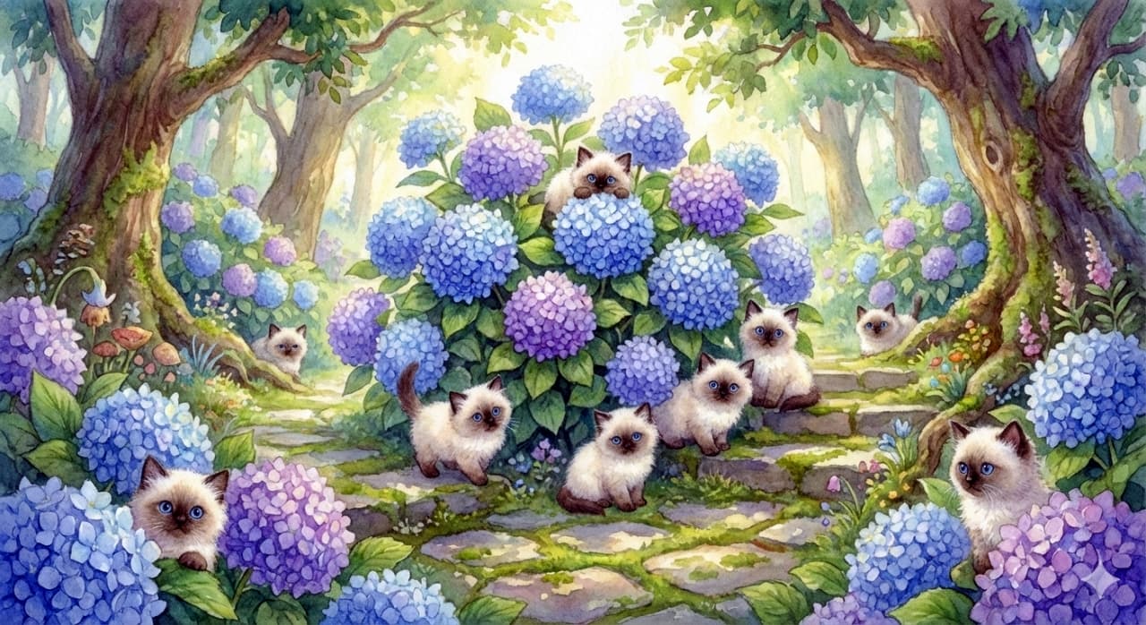 「アジサイの森で隠れんぼ🌸 青い瞳が花と一緒だね✨ おとぎ話の世界に迷い込んだような幻想的な風景🧚‍♀️」A fairytale-style illustration of tiny Himalayan kittens with blue eyes hiding and playing among giant blue and purple hydrangeas in a lush garden with stone paths. 巨大な青や紫のアジサイが咲き乱れる緑豊かな庭園で、花と同じ青い目をしたヒマラヤンの子猫たちが隠れんぼしている、おとぎ話のようなイラスト