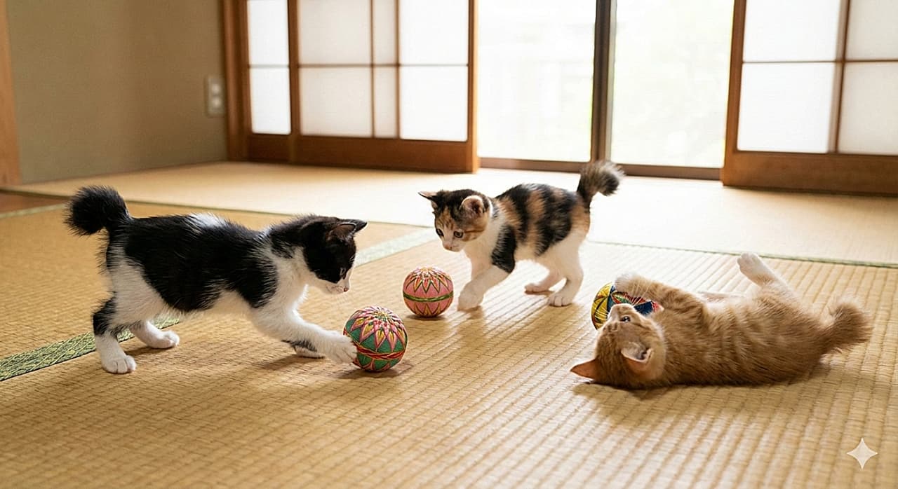 「和室で手まり遊びコロコロ！🍡 短いしっぽを揺らして、伝統文化をエンジョイする姿が「和」可愛い💕」Three tiny Japanese Bobtail kittens with pom-pom tails playing with colorful traditional Temari balls on a tatami floor. A black and white kitten paws at a ball, while an orange tabby rolls on its back. 障子のある和室の畳の上で、色鮮やかな手まりで遊ぶ3匹のジャパニーズボブテイルの子猫。白黒、三毛、茶トラの子猫がボールを追いかけたり、仰向けに転がったりして楽しんでいる