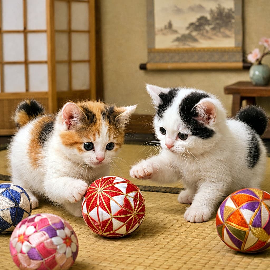 「畳の上でころころ手まり遊び🎎ポンポンしっぽの子猫たちが大はしゃぎ！」Tiny 7-week-old Japanese Bobtail kittens with pom-pom tails playing with colorful temari balls in a traditional tatami room, soft natural light creating a warm atmosphere. ポンポンしっぽの生後7週のジャパニーズボブテイルの子猫たちが、畳の部屋で色とりどりの手まりボールで遊んでいる様子。やわらかな自然光が温かい雰囲気を演出している