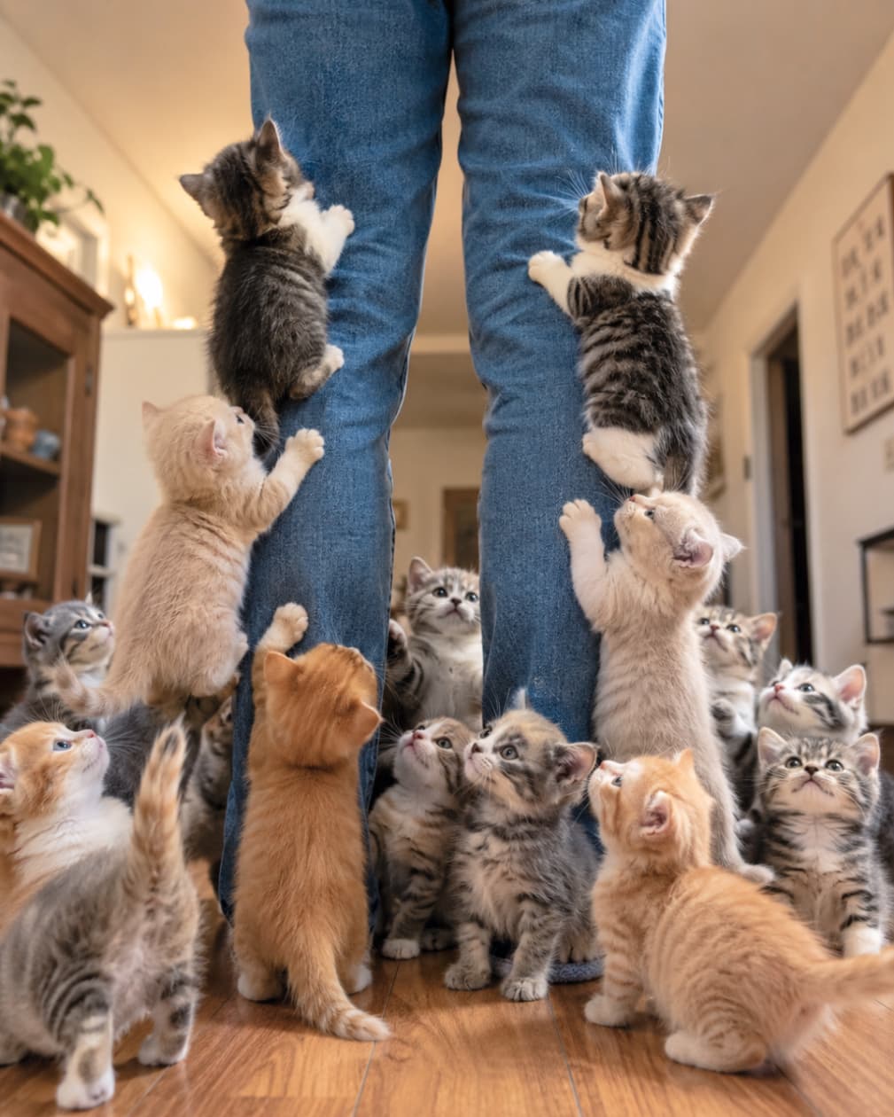 「どこを見ても天使だらけ!ジーンズ登頂に挑む子猫たちの、可愛すぎる大渋滞に癒やされてください😻✨」Ultra-realistic high-quality photograph taken from a low angle, showing numerous adorable Munchkin and Scottish Fold kittens gathering around a person's legs wearing blue denim jeans. The kittens, with striped tabby, orange, and calico fur, are eagerly climbing up the jeans or looking up with wide, expressive eyes. The warm indoor lighting and wooden flooring enhance the soft, fluffy texture of their fur. ローアングルから撮影された、青いデニムジーンズの足元に集まる多数の可愛い子猫たちの高画質写真。マンチカンや折れ耳のスコティッシュフォールド、キジトラ、茶トラ、白ベースの三毛風など多種多様な子猫たちが、人間の足に小さな爪を立てて一生懸命よじ登ったり、愛らしい丸い上目遣いで見上げています。温かみのある屋内のフローリングと柔らかな光が、子猫たちのふわふわとした被毛の質感を際立たせています