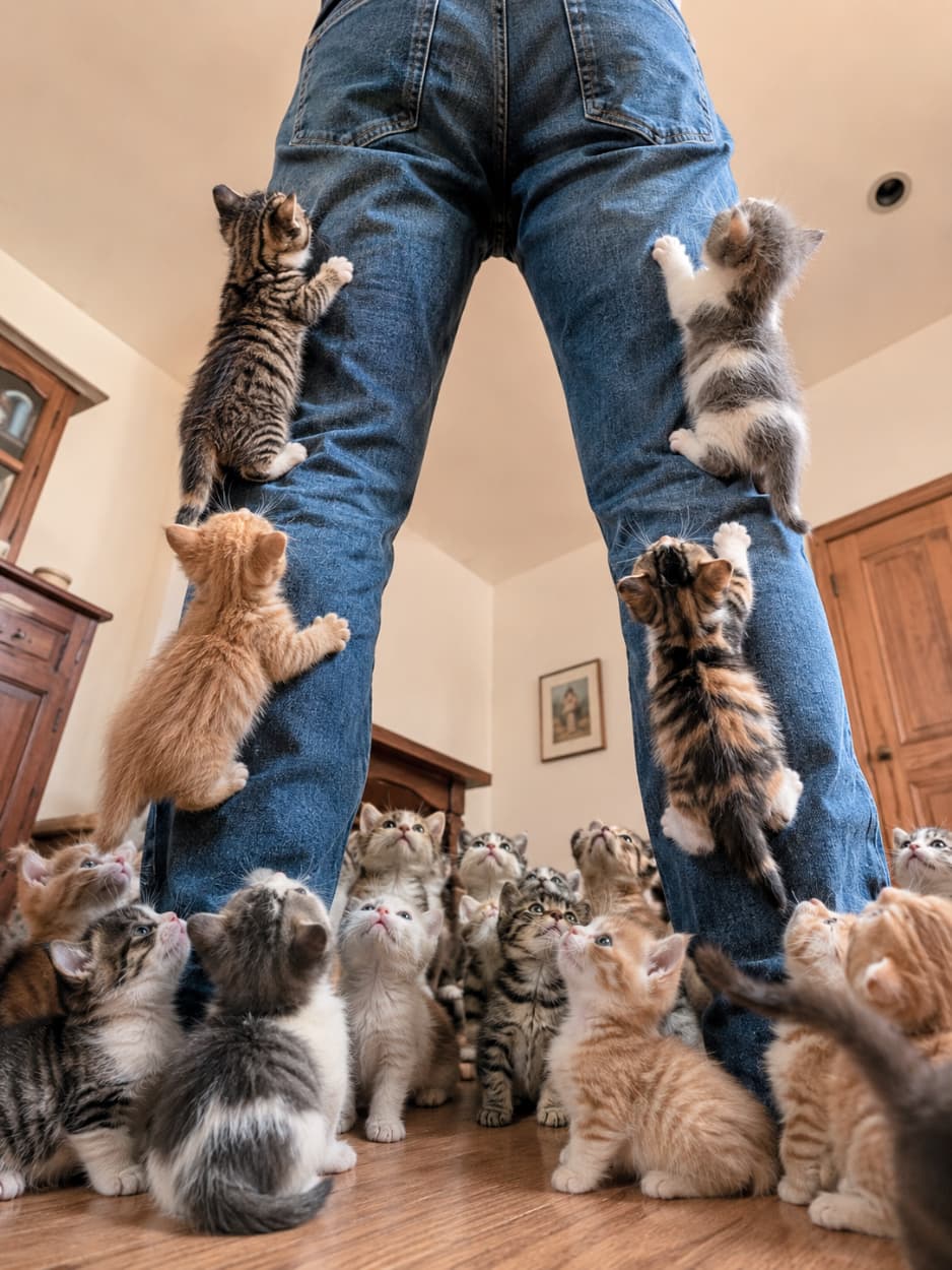 「一斉に見上げられたら、もう降参!ジーンズをせっせと登る子猫たちの熱視線に、キュン死確定です💘」Ultra-realistic high-quality photograph shot from a very low angle, looking up at numerous Munchkin kittens surrounding a person's legs in denim jeans. The orange, brown tabby, and silver tabby kittens are looking upward with sparkling eyes, with some climbing up the pants. The background features warm indoor lighting and classic wooden furniture, creating a cozy atmosphere. デニムジーンズを穿いた人間の足元を真下に近いローアングルから見上げるように捉えた、高画質な子猫たちの写真。短足のマンチカン(キジトラ、茶トラ、サバトラ、白ベース)が一斉に顔を上げ、きらきらした瞳で上を見つめています。左右のジーンズの脚には数匹の子猫が爪を立ててよじ登っており、背景のアンティーク調の木製家具や温かい間接照明が、部屋全体のクラシカルで安心感のあるムードを演出
