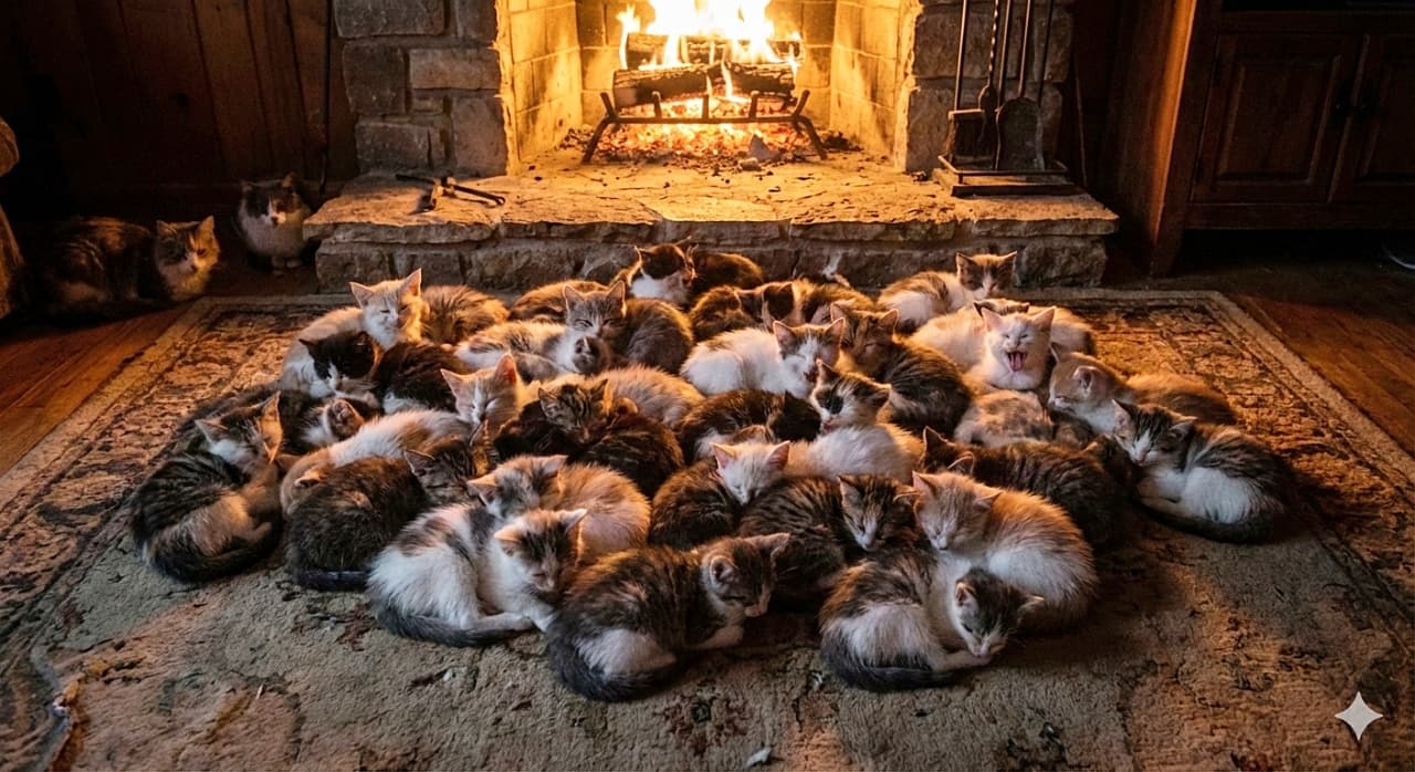 「暖炉の前で猫団子キャンプファイヤー🔥 ぬくぬくラグの上で、みんな夢の中へ…あくびもうつっちゃう💤」Dozens of mixed breed kittens sleeping huddled together on a rug in front of a roaring stone fireplace. The warm glow of the fire illuminates the sleepy scene, with one kitten yawning widely on the right. 燃え盛る石造りの暖炉の前で、ラグの上に集まって眠る数十匹のミックス子猫たち。暖炉の炎が暖かい光を投げかけ、右側では一匹が大きくあくびをしている、居心地の良い夜の光景