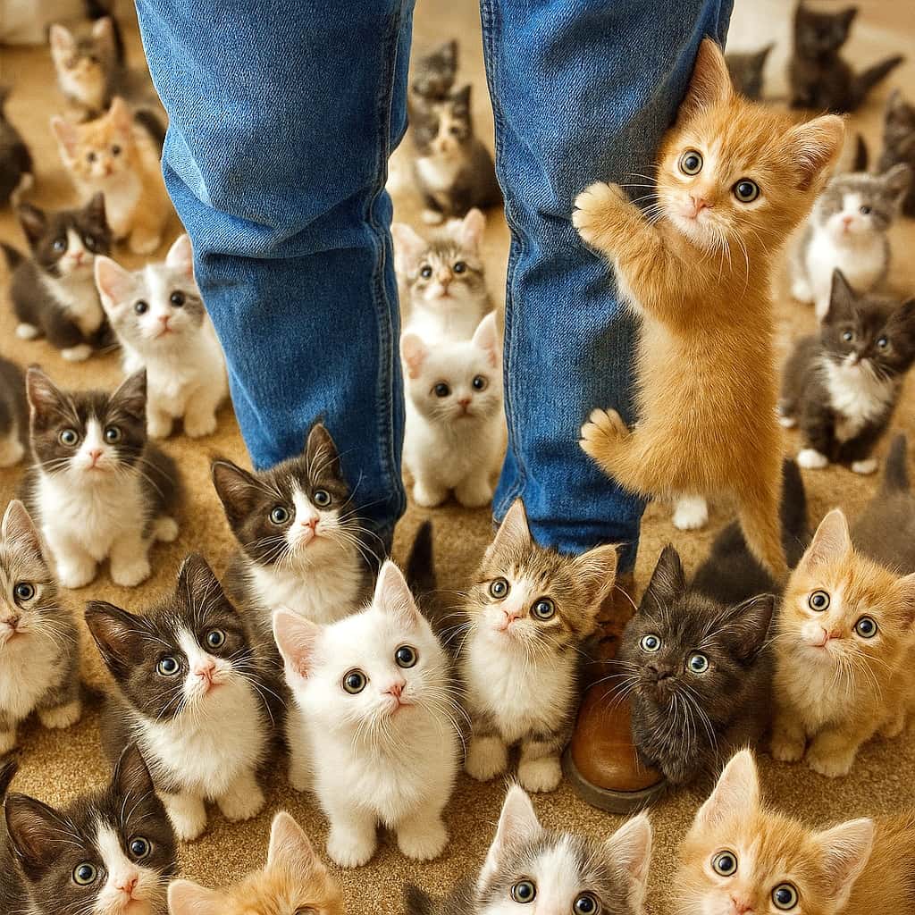 「ちびマンチカン大集合！デニムに夢中な好奇心が止まらない♡」Dozens of six-week-old Munchkin kittens with short legs and big eyes swarm around a pair of denim-clad legs, some climbing up the jeans, viewed from a low angle on a wooden floor. デニムジーンズを履いた足元に、短足で大きな瞳の6週齢のマンチカン子猫たちが群がり、一部がジーンズをよじ登っている様子を低い視点から捉えた写真