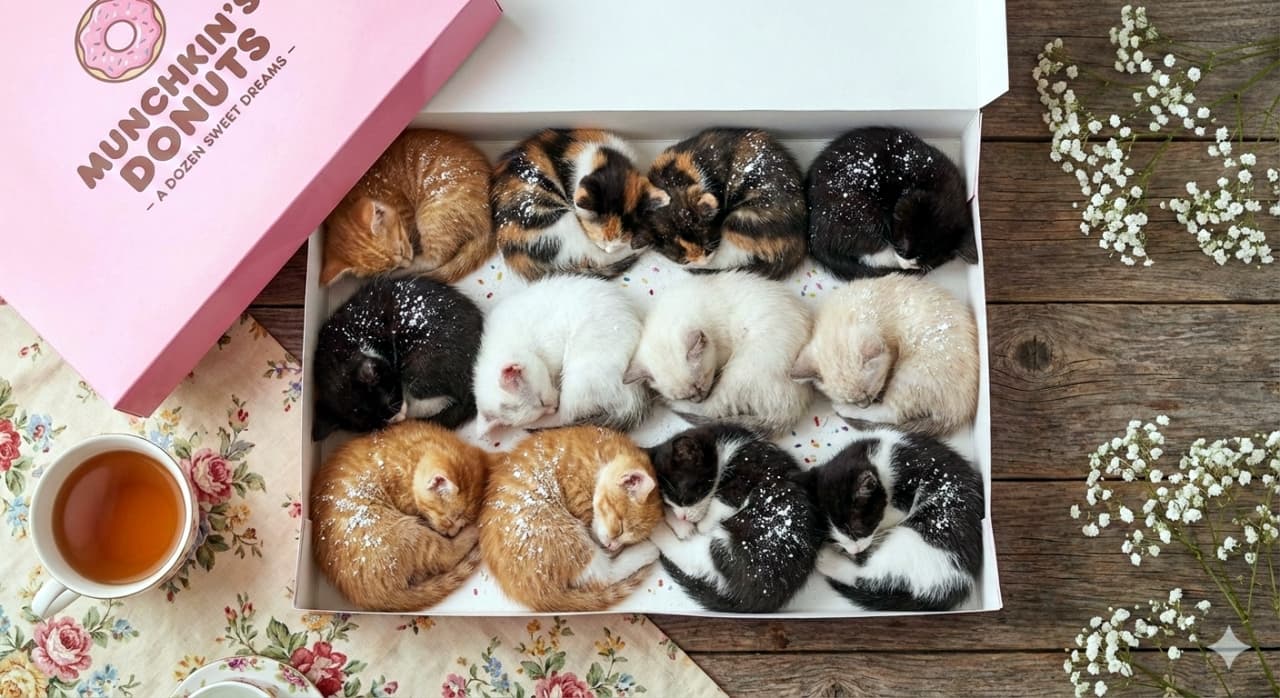 「甘〜い「猫ドーナツ」一丁あがり！🍩 箱を開けたら12匹のマンチカンがスヤスヤ…可愛すぎて食べられない💕」Aerial view of a pink box labeled "Munchkin's Donuts" filled with twelve curled-up Munchkin kittens of various colors mimicking donuts, some dusted with "powdered sugar," set on a wooden table with tea. 「Munchkin's Donuts」と書かれたピンクの箱の中に、ドーナツのふりをして丸まった12匹のマンチカン子猫が入っている真上からの写真。粉砂糖の演出があり、紅茶や花と共にテーブルに置かれている
