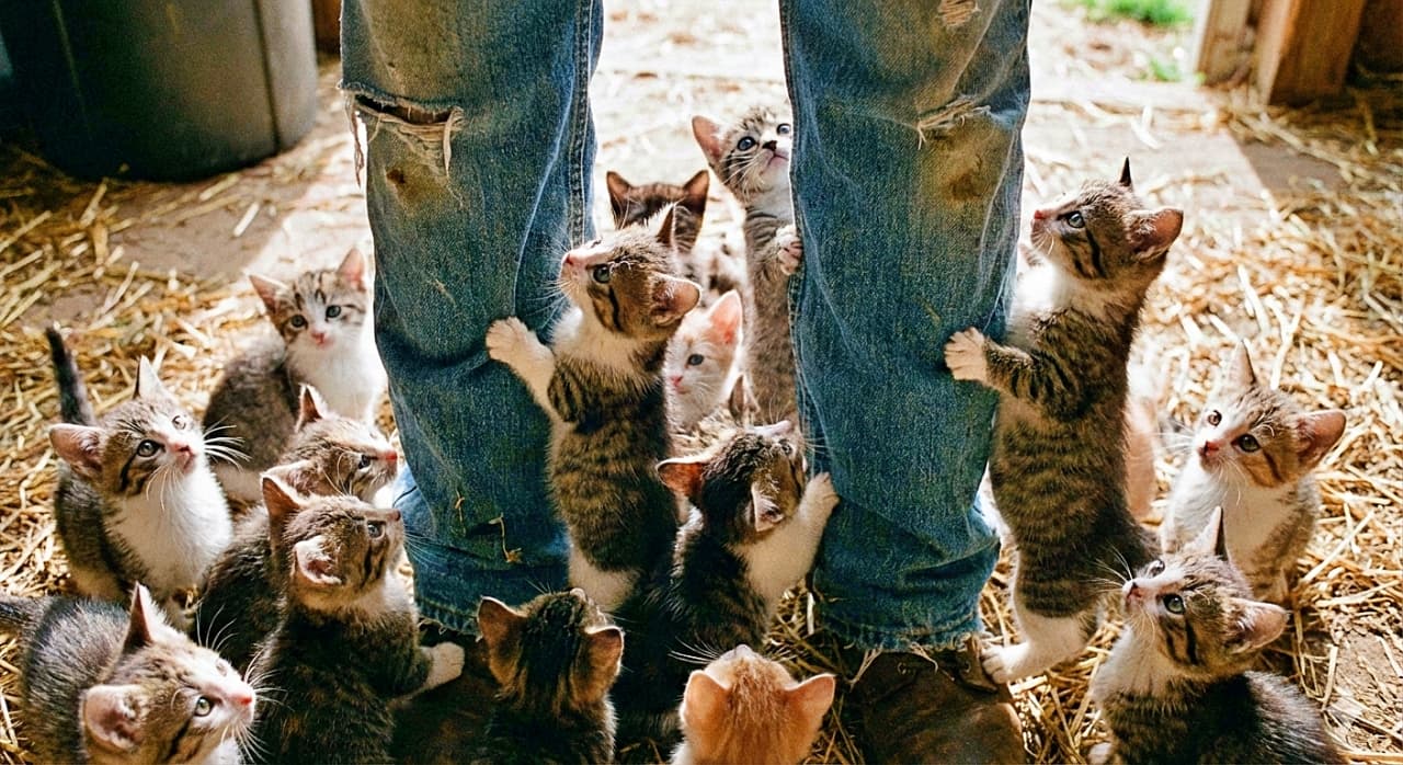 「「ちょっと待って、進めない！」足元は無限子猫地獄。ジーンズによじ登るちびっ子軍団に完全包囲された！」Low-angle shot of a large swarm of tiny tabby-and-white Munchkin kittens surrounding a pair of legs in worn blue denim jeans. Several kittens are actively climbing up the jeans, while others look up with big, pleading eyes on a straw-covered floor. 藁が敷かれた床の上で、ダメージジーンズを履いた足元に群がるたくさんの小さなキジ白のマンチカンの子猫たち。数匹がジーンズによじ登ろうとし、他全員が大きな目で見上げているローアングルの写真
