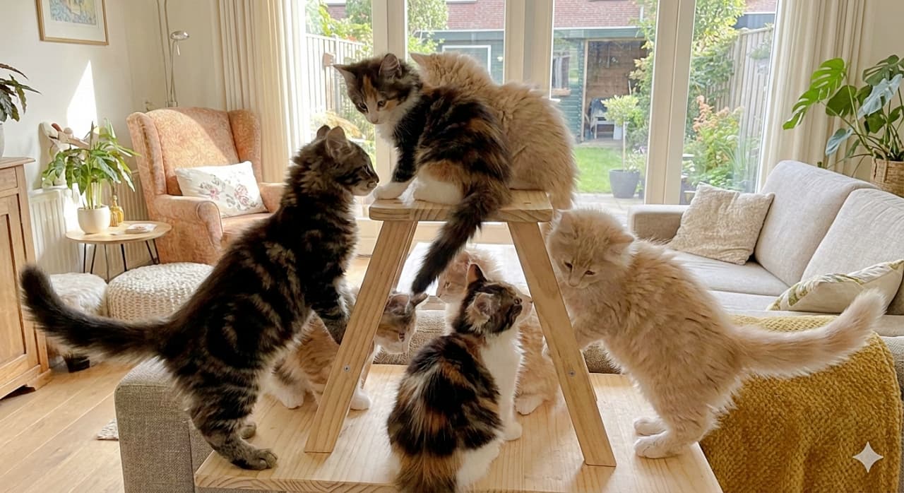 「冒険者たち、集合！🌲 ふわふわ尻尾を揺らして、リビングの「木の山」を制覇中🐾」Six fluffy 8-week-old Norwegian Forest Cat kittens climbing and playing on a small wooden stool in a bright living room with large windows looking out to a garden. 大きな窓のある明るいリビングルームで、木製のスツールによじ登って遊ぶ6匹のふわふわなノルウェージャンフォレストキャットの子猫たち