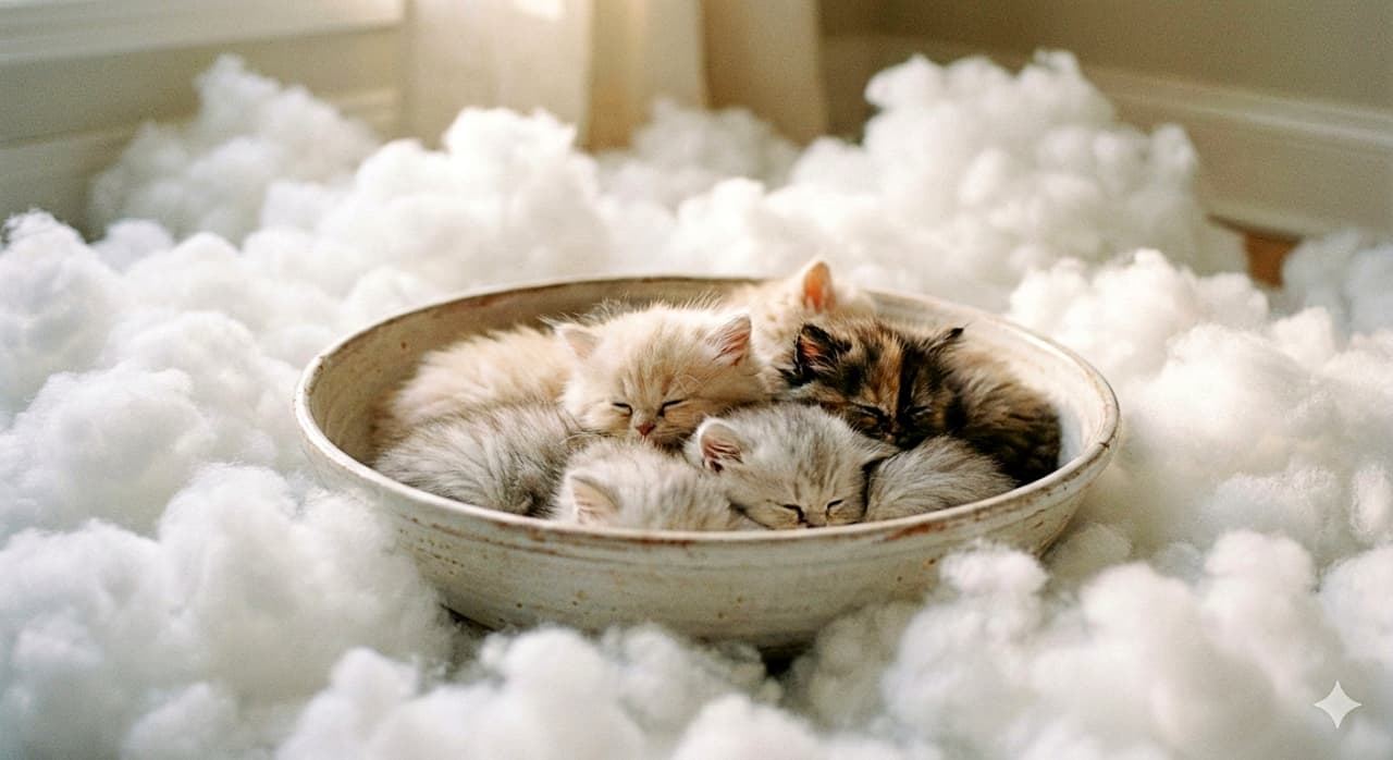 「ここは天国？雲の上のボウルですやすや、ペルシャの子猫たち。天使すぎる寝顔にキュン死確定♡」Dreamy, soft-focus image of a pile of 5-week-old Persian kittens sleeping snugly inside a large ceramic bowl. The bowl is surrounded by fluffy white cotton material resembling clouds, creating a heavenly aesthetic. 雲のような白いふわふわの綿に囲まれた大きな陶器のボウルの中で、身を寄せ合って眠るペルシャの子猫たち。ソフトフォーカスがかかった幻想的でドリーミーな写真