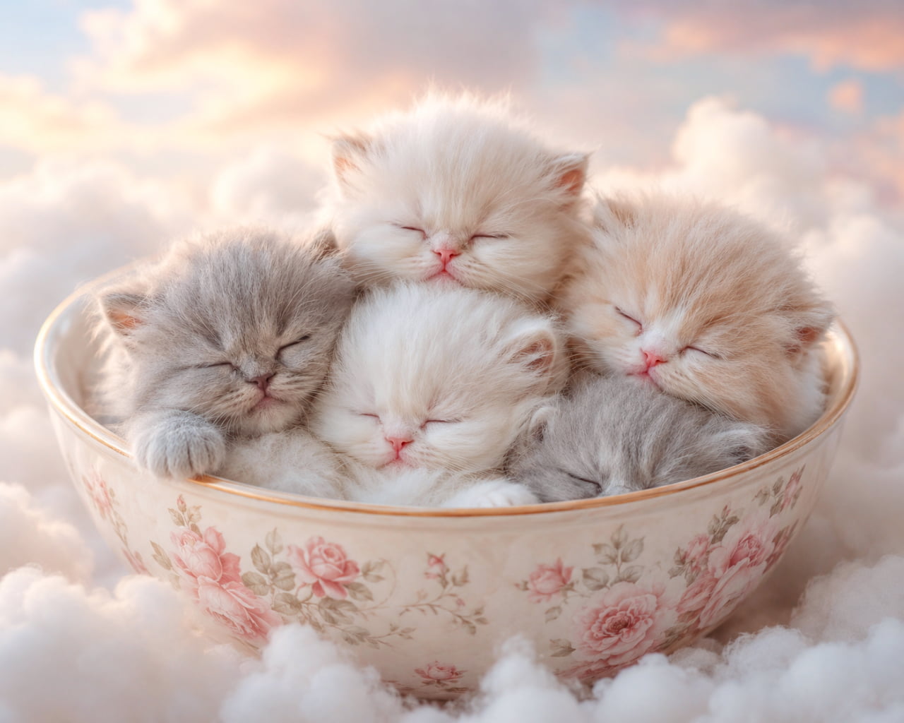 「ここは猫の楽園…?おとぎ話の雲の上でとろけるように眠る、もふもふの天使たちボウル夢心地」An ultra-realistic high-quality fantasy photograph of fluffy white Persian kittens sleeping peacefully huddled inside an elegant rose-patterned porcelain bowl, floating amidst dreamy, pastel-colored sunset clouds. パステルピンクと柔らかなゴールドに染まる、幻想的な夕暮れ時の雲海が背景。クラシカルで優美なオールドローズが描かれた大きな磁器製のボウルの中に、白いペルシャ(またはチンチラシルバー)の長毛種の仔猫たちが、お互いの体をクッションのように重ね合わせて天使のようにスヤスヤと眠っている。絹糸のように細くフワフワとした純白の被毛が、夢幻的な光のヴェールに包まれて優しく煌めいており、現実離れしたラグジュアリーでファンタジーな世界観を表現した、一枚の絵画のような美しさを持つ高画質写真