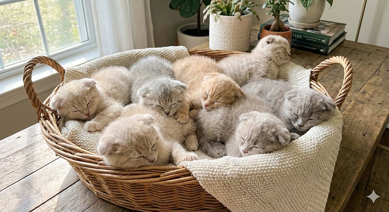 「まるでモフモフの宝石箱！朝の光でスヤスヤ眠る10匹のパステル子猫たちに、朝から究極の癒やしを♡」A basket overflowing with ten sleeping 8-week-old Scottish Fold kittens in various pastel colors, bathed in soft morning sunlight.　柔らかな朝の光の中、バスケットから溢れんばかりに重なり合って眠る、10匹のパステルカラーのスコティッシュフォールドの子猫たち