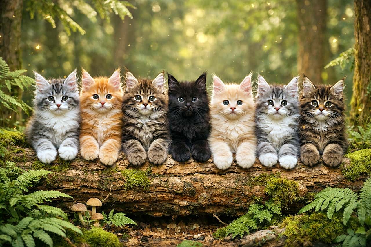 「森の丸太にちょこんと整列🐾ふわもこメインクーン7兄弟の魔法の時間✨」Seven fluffy 8-week-old Maine Coon kittens sitting side by side on a moss-covered log in a sunlit forest, with oversized paws, tufted ears, and a magical atmosphere. 苔に覆われた丸太の上に並んで座る、生後8週のメインクーンの子猫7匹。大きな肉球と房毛のある耳が印象的で、木漏れ日が差し込む幻想的な森の風景