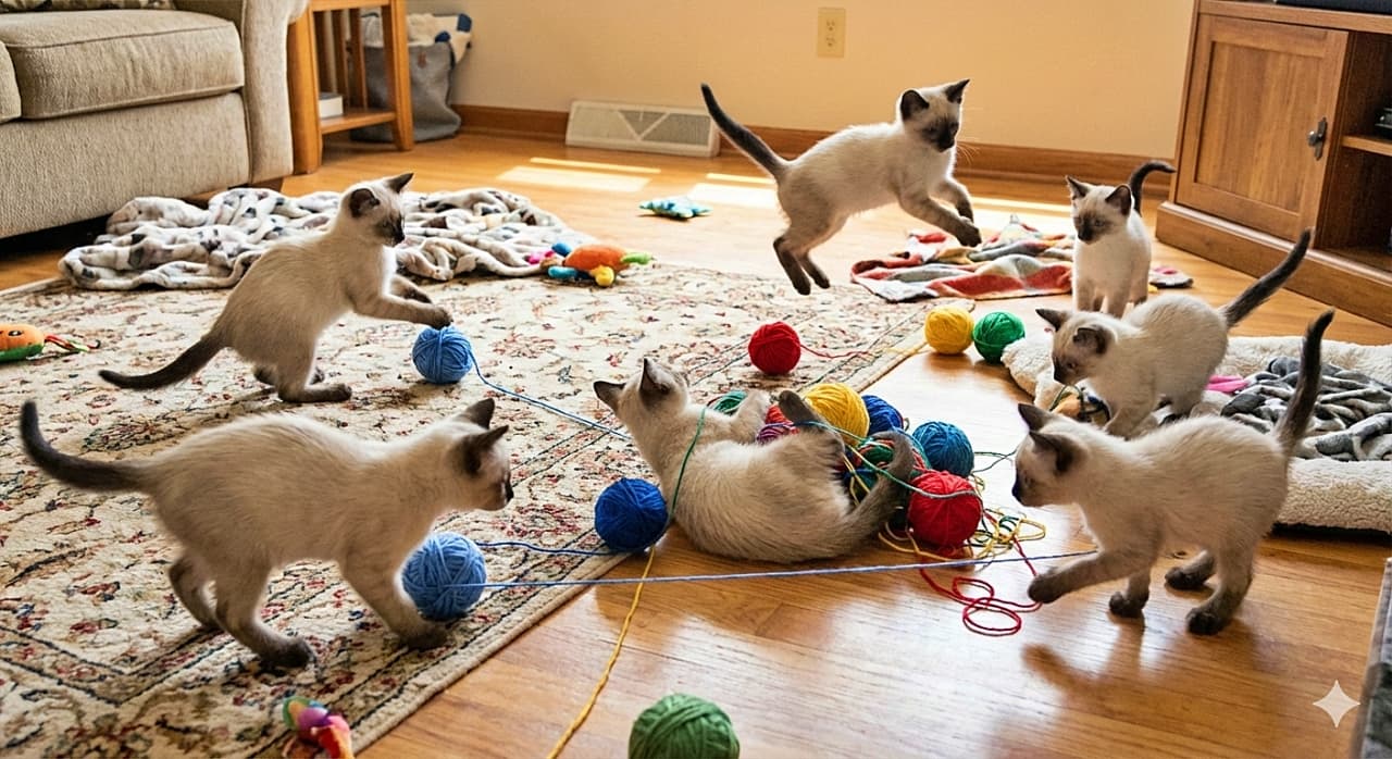 「部屋中が大変なことに！毛糸に絡まり大はしゃぎのシャム猫軍団。片付けは…まあ後でいっか（笑）」A chaotic and playful scene of several 10-week-old Siamese kittens in a bright living room. They are energetically jumping, rolling, and getting tangled in colorful balls of red, blue, and yellow yarn on a patterned rug. 明るいリビングルームのラグの上で、赤や青、黄色のカラフルな毛糸玉で遊ぶ数匹のシャム猫の子猫たち。ジャンプしたり、転がったり、糸に絡まったりしているカオスで賑やかな様子