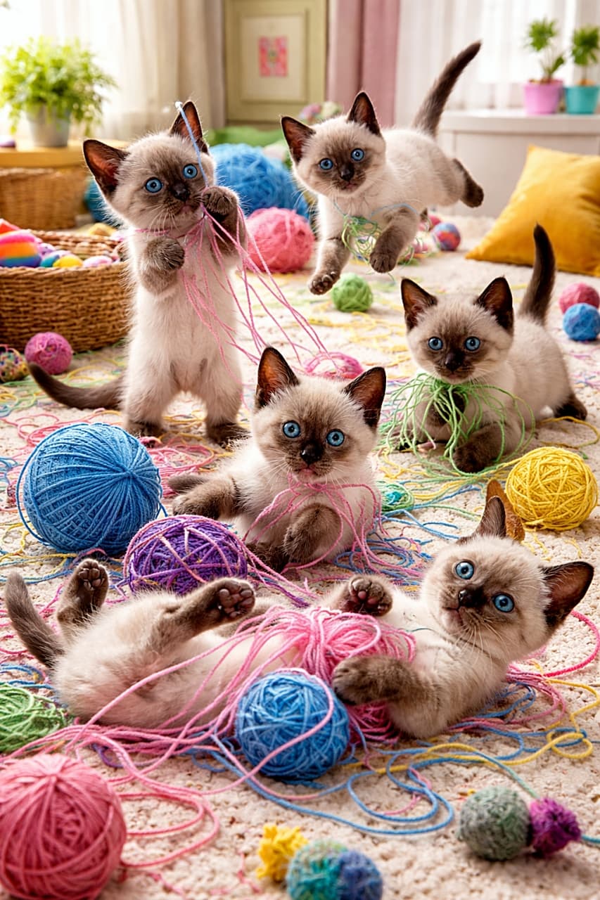 「毛糸まみれで大はしゃぎ！元気いっぱいのシャム子猫たちのカオス空間🧶🐾」Six 10-week-old Siamese kittens playing energetically with colorful balls of yarn, tangled in wool in a bright playful room. 明るい部屋でカラフルな毛糸玉に絡まりながら元気いっぱい遊ぶ生後10週のシャム子猫たち
