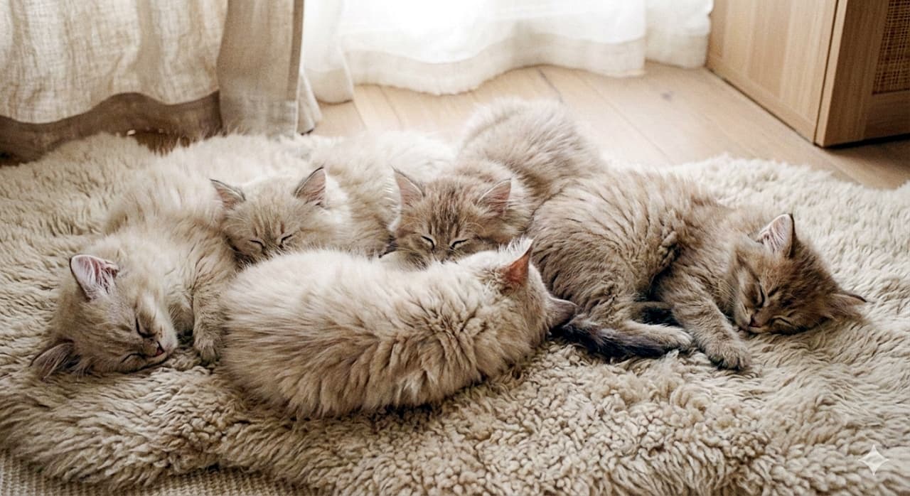 「ラグと一体化！？☁️ もふもふシープスキンに溶け込む子猫たち、どこまでが猫かわからない幸せ空間💤」Five fluffy Siberian kittens sleeping peacefully on a shaggy sheepskin rug. Their cream and beige fur blends perfectly with the rug, creating a soft camouflage effect in neutral tones. ふわふわの羊皮ラグ（シープスキン）の上で、安らかに眠る5匹のシベリアン子猫。クリームやベージュの毛並みがラグと完全に馴染んで同化しており、穏やかなカモフラージュ効果を生み出している