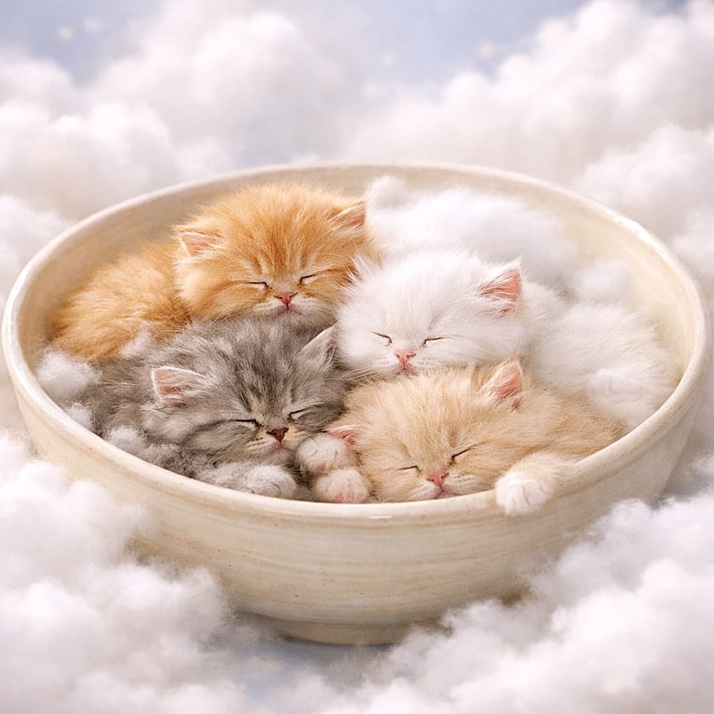 「雲の中のボウルでぎゅっと寄り添ってお昼寝中☁️ふわふわ天使すぎる子猫たち💤」Five-week-old Persian kittens sleeping together inside a large ceramic bowl, surrounded by fluffy white clouds in a soft dreamy atmosphere. 大きな陶器のボウルの中で、ふわふわの雲に囲まれながら眠る生後5週のペルシャ猫の子猫たち