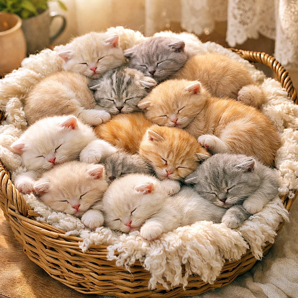 「ふわもこが大渋滞！10匹の子猫たちの朝寝タイムが尊すぎる☀️🐾」Ten 8-week-old Scottish Fold kittens in pastel colors sleeping together in a wicker basket, tangled in a fluffy pile under soft morning sunlight in a cozy room. パステルカラーのスコティッシュフォールドの子猫10匹が、柔らかな朝の光に包まれて、ふわふわのバスケットの中でぎゅっと寄り添って眠っている様子