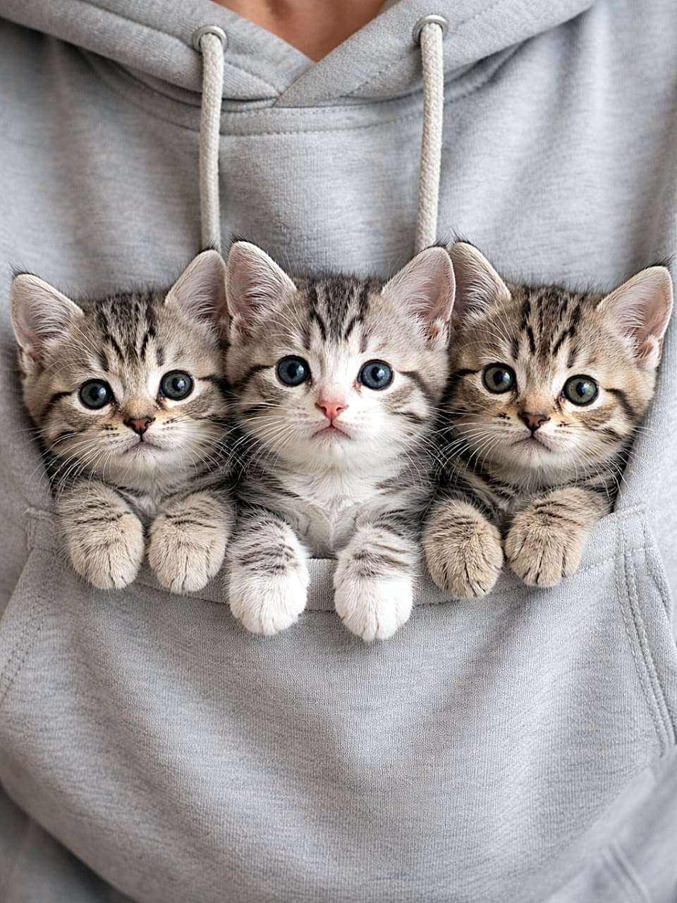 「パーカーのポケットからひょっこり！好奇心いっぱいの子猫トリオが可愛すぎる瞬間🐾」Three 6-week-old American Shorthair kittens peeking out of a hoodie pocket, with their tiny paws hanging over the edge and curious faces looking at the camera. パーカーのポケットから顔を出し、小さな前足を縁にかけてこちらを見る生後6週のアメリカンショートヘアの子猫3匹