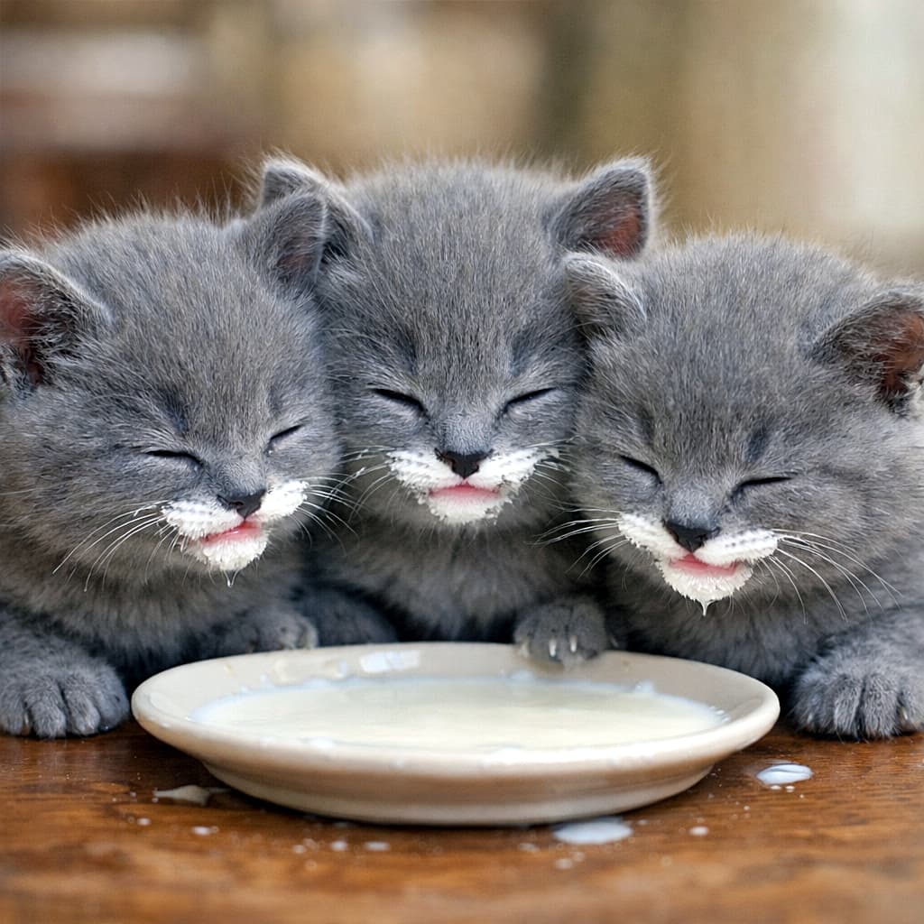 「ミルクひげが可愛すぎる！仲良く並んでごくごくタイムな子猫たち🍼💕」Three 5-week-old Chartreux kittens drinking milk from a saucer, with cute milk mustaches on their faces and happy eyes in a cozy close-up shot. お皿のミルクを仲良く飲む生後5週のシャルトリュー子猫3匹。口元にミルクのひげをつけて幸せそうな表情のクローズアップ写真