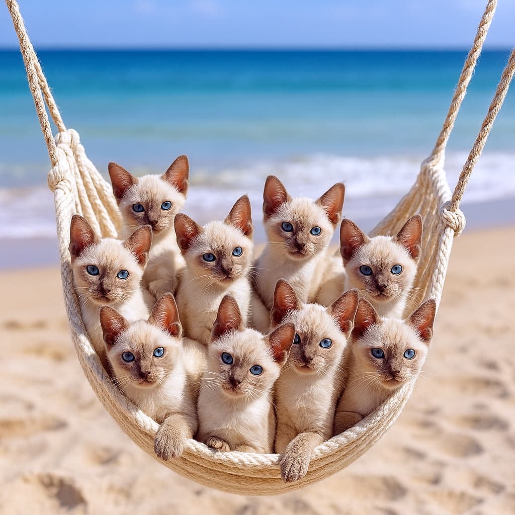 「ふわふわ子猫の海辺ハンモック、癒やし満タン」A hammock packed with nine 9‑week‑old Tonkinese kittens swaying gently. The kittens have sleek cream coats with soft point shading and bright blue eyes. They are nestled tightly together in a woven hammock suspended above sand. The background shows an out‑of‑focus beach with turquoise water and warm sunlight. 9週齢のトンキニーズ子猫がぎゅっと詰まったハンモックが、やさしく揺れている。子猫たちはクリーム色の短毛に淡いポイントカラー、青い瞳を持ち、互いにもたれ合ってハンモックに収まっている。背景には、砂浜とターコイズ色の海がぼかされて映り、柔らかな日差しが差している