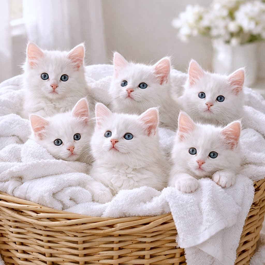 「ふわふわ白猫天国🤍あったかタオルに包まれて幸せぎゅうぎゅう♪」Five 8-week-old Turkish Angora kittens resting in a wicker laundry basket filled with warm white towels, glowing softly in natural sunlight. 白いタオルが詰まったウィッカー製ランドリーバスケットの中で、暖かな日差しを浴びながらくつろぐ生後8週のトルコアンゴラの子猫5匹