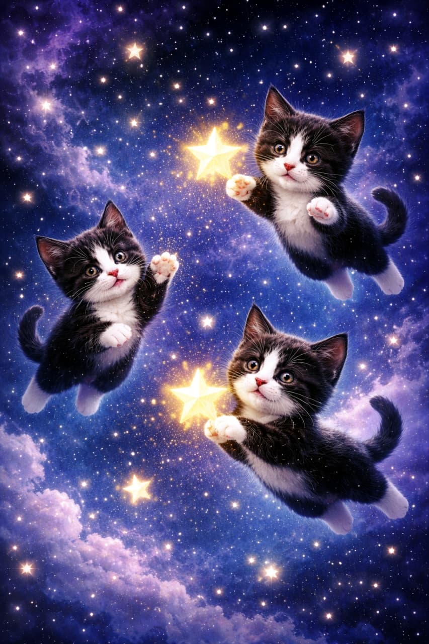 「星の海でふわり大冒険✨子猫たちが夢みる夜空を駆け巡る🌟🐾」Three 8-week-old black and white tuxedo kittens floating in a magical starry night sky, playfully chasing glowing golden stars in zero gravity. 幻想的な星空の夜を背景に、無重力のように浮かびながら光る星を追いかける生後8週の白黒（タキシード）子猫たち