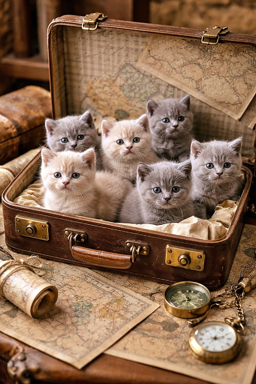 「小さな旅人たちが大集合！ヴィンテージスーツケースで冒険ごっこ中の子猫たち🐾」Seven tiny British Shorthair kittens with grey and cream coats sitting inside an open vintage suitcase, surrounded by old maps and antique compasses in warm nostalgic lighting. ヴィンテージの開いたスーツケースの中に入った、グレーとクリーム色のブリティッシュショートヘアの子猫たちが、古い地図やコンパスに囲まれている様子