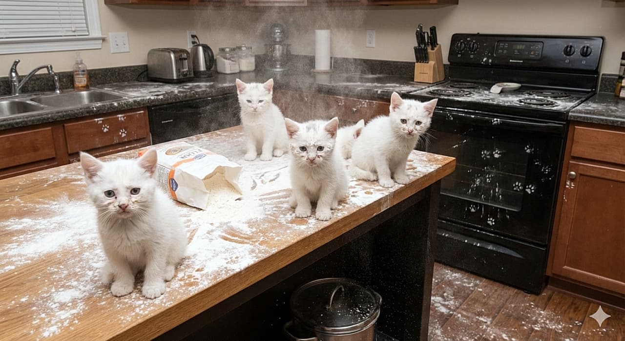 「やっちゃった…！粉まみれのキッチンで現行犯逮捕！？白い子猫たちの気まずそうな顔がたまらない🐾」A chaotic kitchen scene with flour covering every surface, including the wooden counter, floor, and appliances. Four small white kittens are sitting on the counter, covered in white powder, with guilty expressions. Paw prints are visible in the flour on the counter and oven. 小麦粉が撒き散らかされた散らかったキッチン。カウンター、床、家電などあらゆる場所が粉まみれで、粉をかぶった4匹の白い子猫がカウンターに座り、気まずそうな顔をしている。カウンターやオーブンには小麦粉の足跡がついている