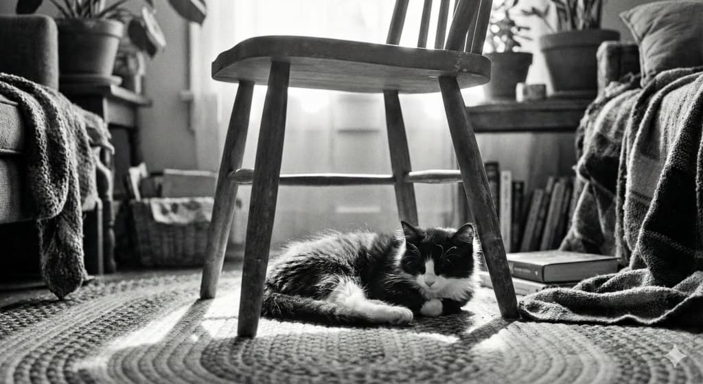 A black and white cat lies under a wooden chair on a woven rug in a softly lit monochrome room. 白黒の猫が木製の椅子の下でラグの上に横たわり、自然光が差し込むモノクロの室内で静かに過ごしている