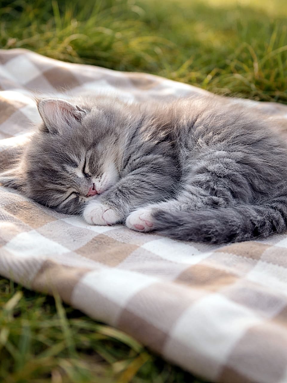 「春のやわらかな風に包まれて、ふわふわ子猫がブランケットで夢の中。のんびり流れる時間に、思わず一緒にお昼寝したくなる午後です🐾」A fluffy gray kitten sleeping on a picnic blanket outdoors, surrounded by soft green grass in warm natural light. 柔らかな芝生に囲まれた屋外で、ピクニックブランケットの上で眠るふわふわのグレーの子猫
