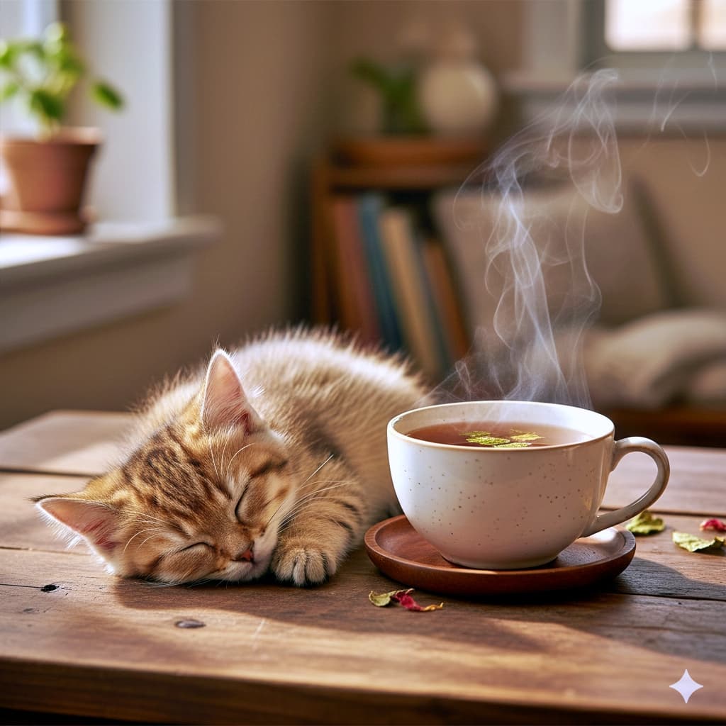Photorealistic, high-resolution image of a golden kitten sleeping beside a steaming cup of herbal tea on a wooden table indoors, with dried flower petals scattered nearby and a softly lit bookshelf in the background. フォトリアルで高解像度のゴールデンの子猫が、ハーブティーの湯気が立ちのぼる木製テーブルの上で穏やかに眠っている様子。そばにはドライフラワーの花びらが散らされ、背景にはやわらかな光に包まれた本棚が映っている