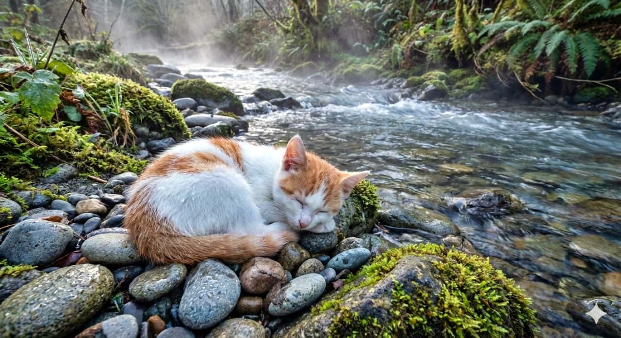 Photorealistic image of a white and orange kitten sleeping curled up on smooth wet pebbles beside a clear forest stream, surrounded by lush moss and ferns under misty, cool air. 白とオレンジの子猫が、滑らかで濡れた小石の上で丸くなって眠っているフォトリアルな画像。澄んだ森の小川のほとりで、霧が立ちこめる涼しい空気の中、苔やシダに囲まれている