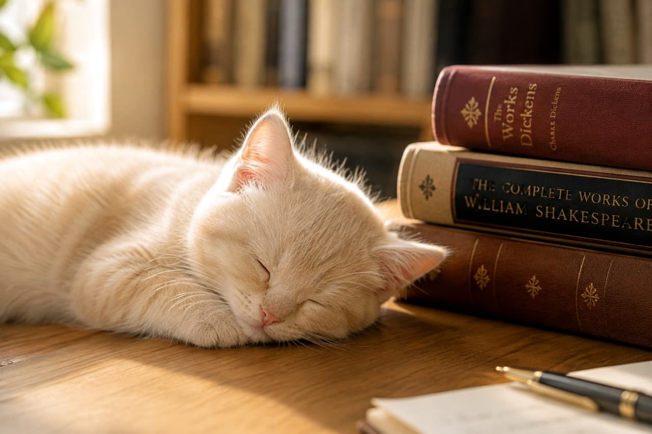 「読書の時間はちょっとお休み📚☕ 陽だまりの中で本に寄り添う姿は、まるで絵本の世界から飛び出してきたみたい🐈✨ #子猫と本 #アンティーク #子猫」Ultra-realistic high-quality photograph of a cream-colored kitten sleeping sweetly on a wooden desk next to a stack of vintage books. Bathed in warm, amber sunlight, the detailed textures of its fur, alongside a notebook and fountain pen, evoke a deeply nostalgic and intellectual atmosphere. 温かな琥珀色の陽だまりが落ちる重厚な木製のデスクの上で、アンティークな洋書の山に寄り添うようにして眠るクリーム色の子猫。ふっくらとした頬や繊細なひげ、滑らかな毛並みがノスタルジックな光の中で極めてリアルに描写され、手前のノートと万年筆が知的な物語性を演出