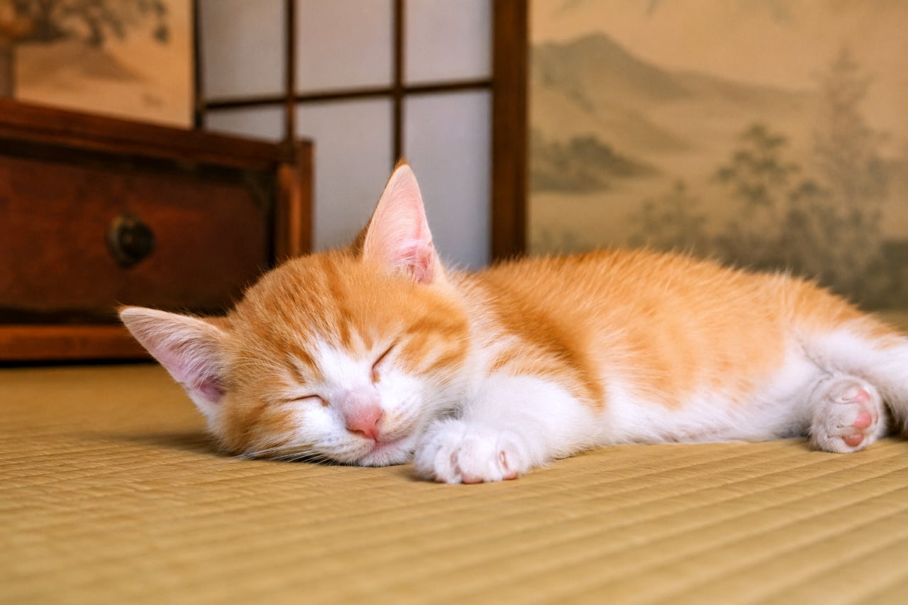 「畳の上でごろんっ🍵 和室の落ち着く空間で、すっかり安心しきった寝顔に癒やされます🌸🐾 #茶白猫 #和室と猫 #子猫」Ultra-realistic high-quality photograph of a ginger and white kitten sleeping peacefully on a traditional Japanese tatami mat, with a shoji screen and wooden cabinet in the background, highlighting its soft coat and pink toe beans in warm ambient light. 趣のある障子と木製の小箪笥を背景に、井草の香りが漂いそうな畳の上で横たわって眠る茶白（ジンジャー＆ホワイト）の子猫。柔らかな和の光が、白いお顔と茶色い被毛の模様、そして可愛らしいピンクの肉球を優しく照らし出す、郷愁を誘う高精細な一枚