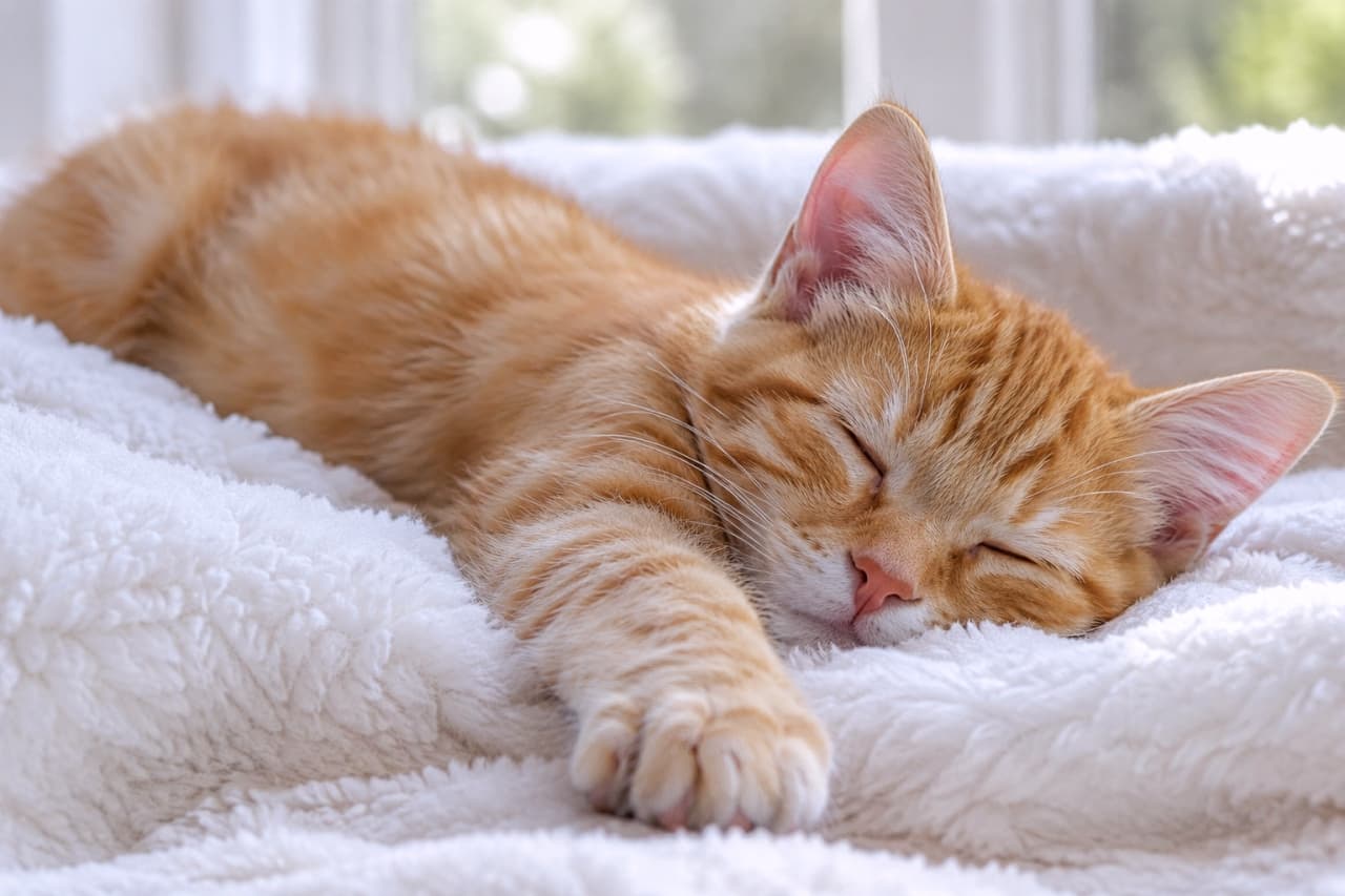 「ふわふわ毛布に包まれて夢の中へ…☁️💤 幸せそうな寝顔に日々の疲れも吹き飛びますね🐈✨ #猫のいる暮らし #茶トラ子猫」Ultra-realistic high-quality photograph of a sleeping ginger tabby kitten resting peacefully on a fluffy white blanket by a window, bathed in soft natural light, highlighting the detailed texture of its orange and white coat and an adorable outstretched paw. 柔らかな自然光が差し込む窓辺で、真っ白でふかふかとした毛布に身を包み、スヤスヤと安らかな寝息を立てる茶トラの子猫。オレンジと白の美しい被毛の質感が極めてリアルに描写され、前方に投げ出されたふっくらとした前足の愛らしさが引き立つ、最高画質の一枚