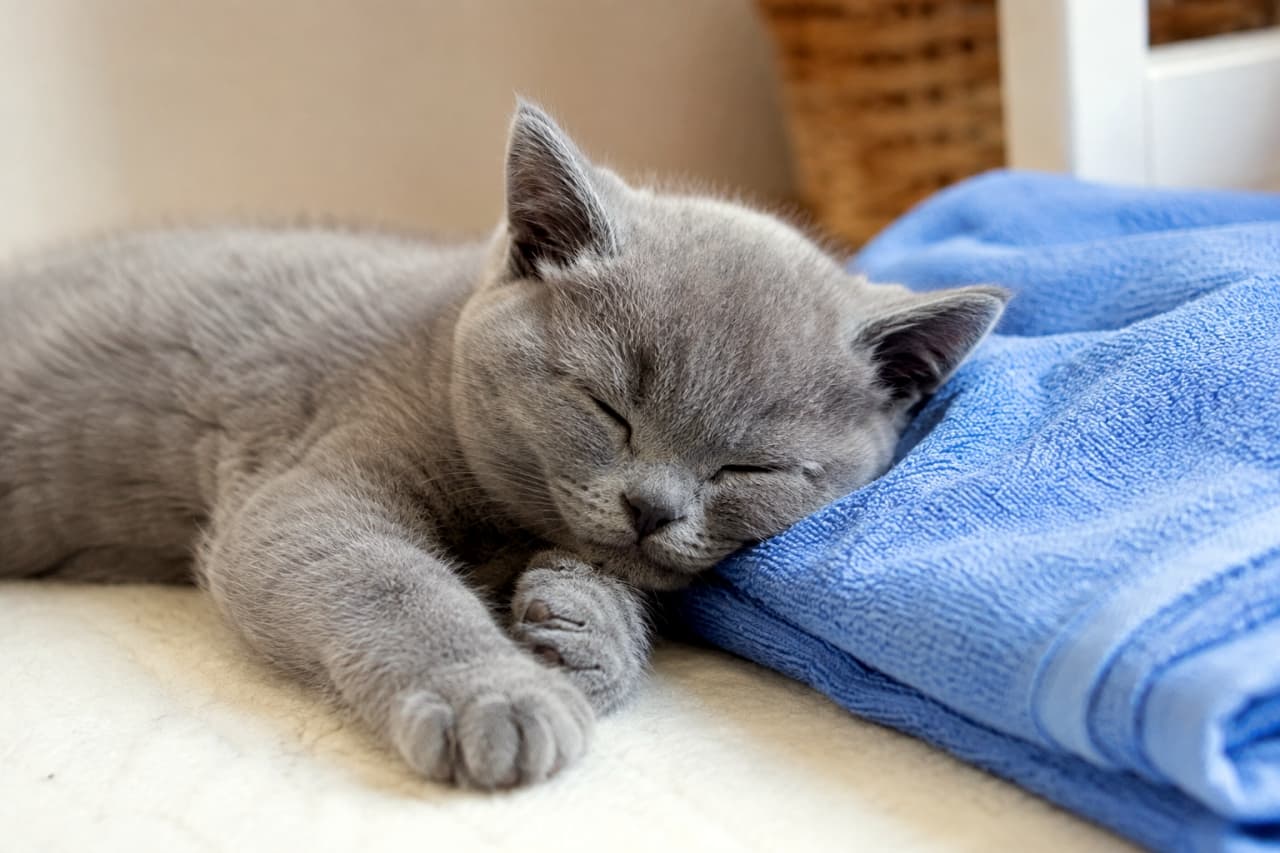 「お気に入りの青いタオルを枕にスヤスヤ💤 もちもちのほっぺにそっと触れたくなりますね💙🐈‍⬛ #ブリティッシュショートヘア #子猫」Ultra-realistic high-quality photograph of a gray British Shorthair kitten sleeping soundly with its head resting on a bright blue towel, perfectly showcasing its dense, velvet-like coat, rounded face, and peaceful expression in warm indoor lighting. 鮮やかな青いタオルの上に頭をちょこんと乗せ、すやすやと眠る灰色のブリティッシュショートヘアの子猫。特有の密生したブルー（灰色）の被毛のベルベットのような滑らかな質感と、丸みを帯びた輪郭、穏やかに微笑むような口元が、温かみのある光の中で超高画質に描き出されています