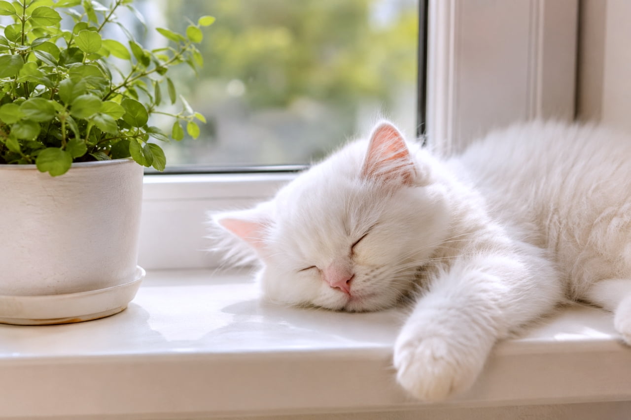 「窓越しの景色を夢見ながら、ぐっすりおやすみタイム🌳💤 見ているだけで心が洗われるようなピュアな寝顔です🤍🐈 #白猫のいる生活 #癒し猫 #子猫」Ultra-realistic high-quality photograph of a fluffy white kitten sleeping on a white windowsill beside a green potted plant. The beautiful bokeh of nature outside the window highlights the kitten's serene expression and soft fur in crisp, volumetric detail. 窓辺の白いサッシの上に身を横たえ、白い鉢に植えられた緑の観葉植物に寄り添うように眠る白猫の子猫。窓の外の木漏れ日と豊かな自然のボケ感が背景に広がり、猫のふんわりとした白い毛並みと幸せそうに目を閉じる表情が、クリアかつ立体的に捉えられています