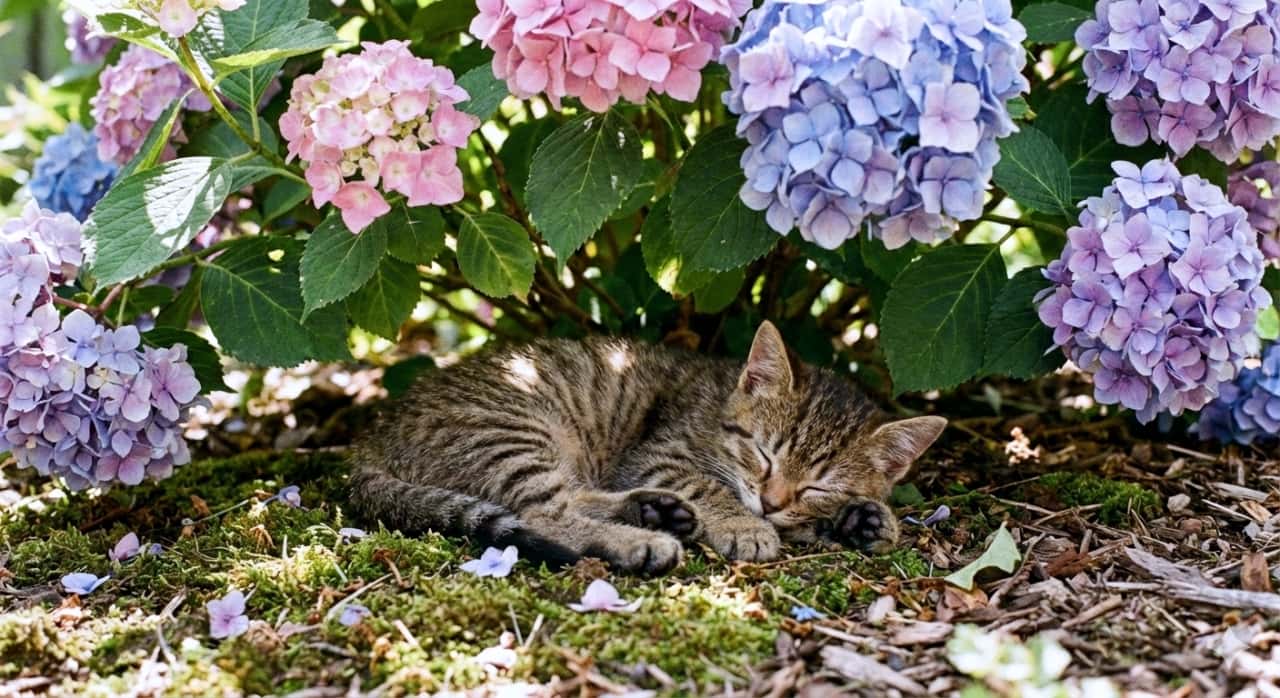 Photorealistic, high-resolution image of a brown tabby kitten peacefully sleeping on moss and mulch beneath a blooming hydrangea bush outdoors, surrounded by vibrant pink, purple, and blue flowers in natural light. フォトリアルで高解像度の茶色のトラ柄子猫が、咲き誇る紫陽花の茂みの下、苔とマルチの上で穏やかに眠っている様子。自然光の中、ピンク・紫・青の花々に囲まれている
