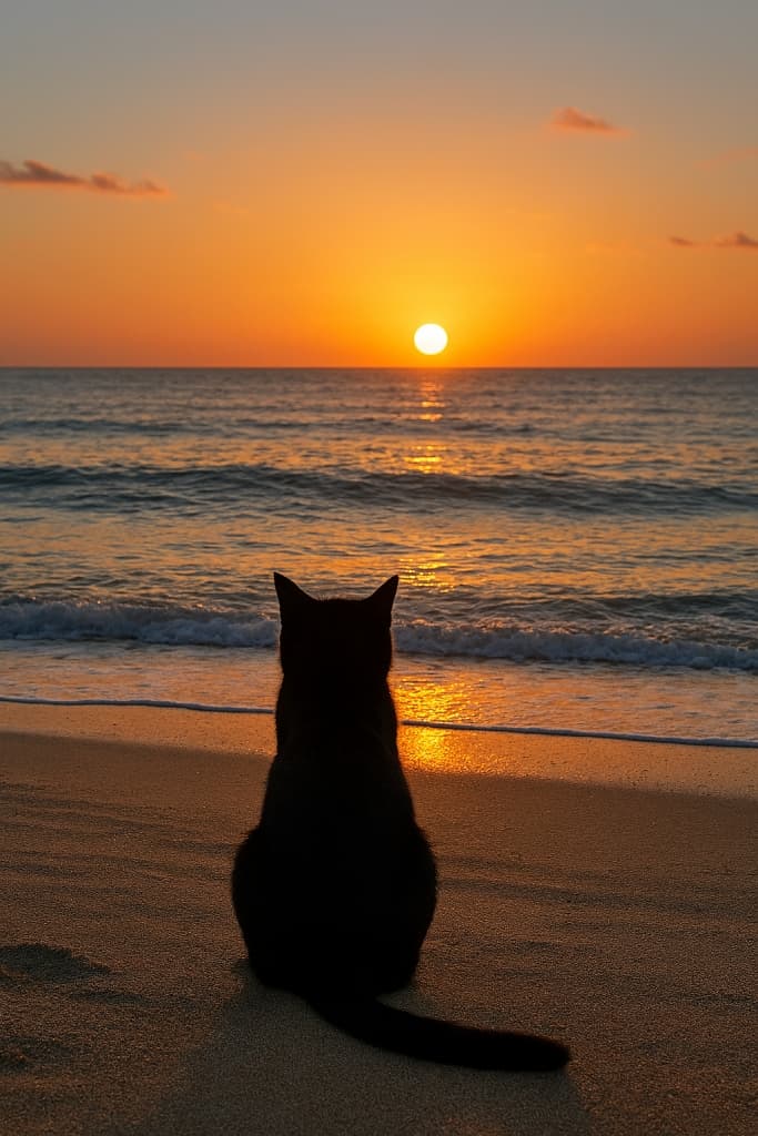 「新しい年のはじまりは、黒猫と一緒に静かな海辺で。朝日に染まる未来、きっといいことあるニャ！」A black cat sits quietly on a sandy beach, watching the first sunrise of the year over calm waves. 黒猫が静かな砂浜に座り、穏やかな波の向こうに昇る年初めの朝日を見つめている