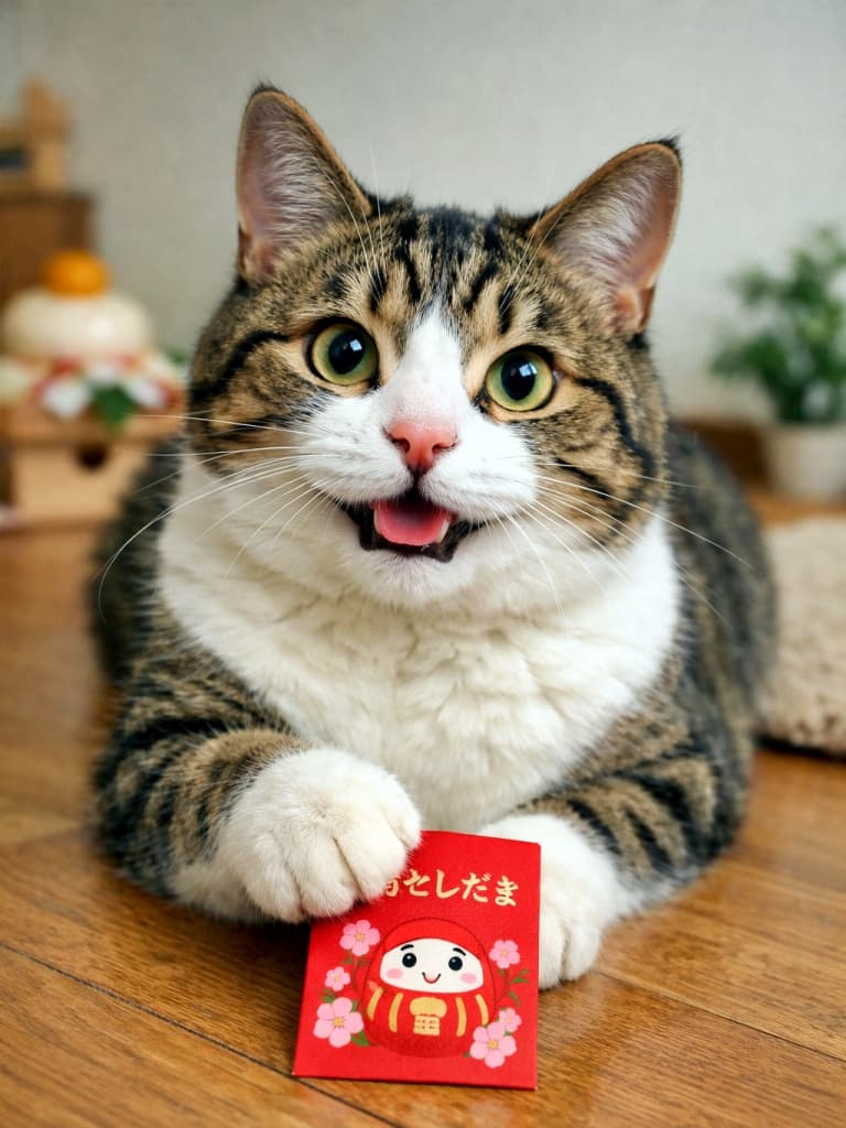 「これはボクの、誰にもあげないにゃ～♪」A playful tabby-and-white cat indoors, guarding a small red otoshidama envelope with its paw, looking at the camera with a mischievous expression in a warm, softly lit New Year setting. 室内で、前足で赤いお年玉袋を押さえながらカメラを見つめる、いたずらっぽい表情のキジ白猫。新年らしい温かい雰囲気の室内シーン